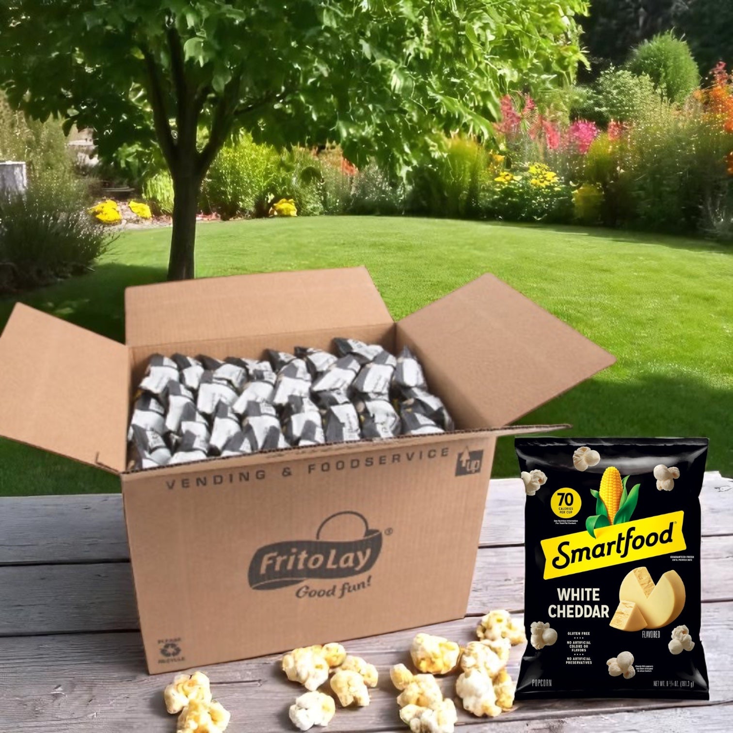 A box of Easy Lunches Smart Food Popcorn Cheddar White Large Single Serving, 1 oz. bags sits outdoors with a bag displayed and popcorn pieces scattered—ideal for on-the-go snacking, with a green lawn and flowers in the background.