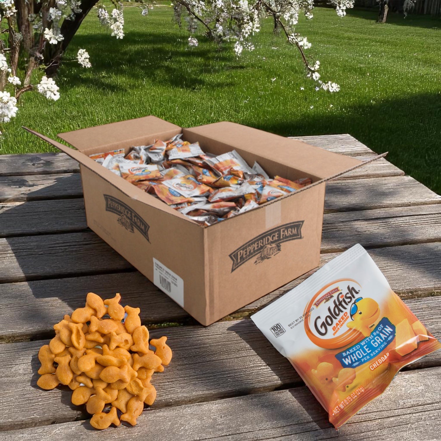 An Easy Lunches Goldfish Whole Grain Cheddar Crackers box (.75 oz., 300 count) sits on a wooden table outdoors, with one opened bag and a pile of real cheddar cheese crackers beside it.