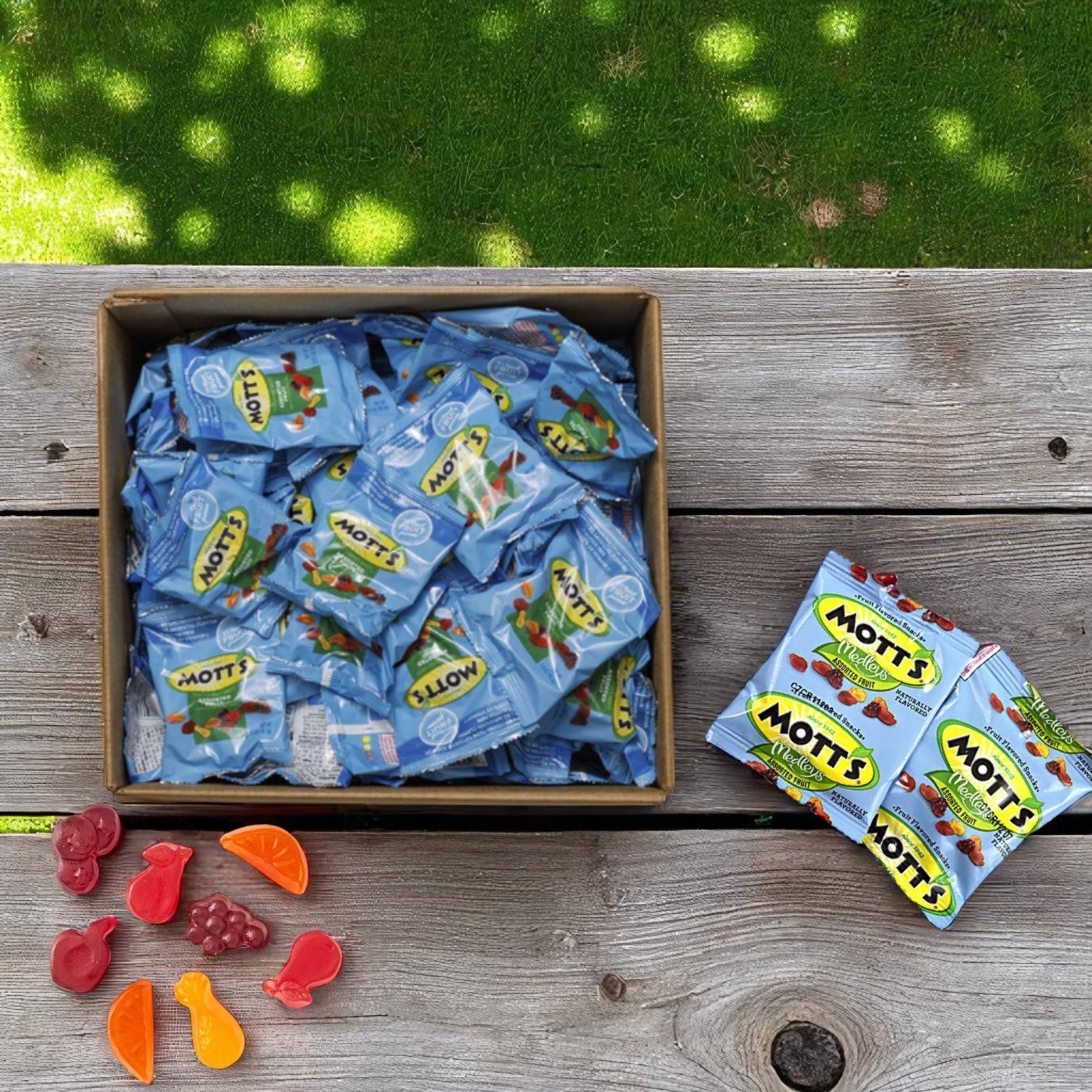 A case of Easy Lunches Mott's Snack Fruit Gummies Assorted Fruit, 1.6 oz. packs (144 per case), sits outdoors on wood, with extra packets scattered nearby amid grass and tree shadows in the background.