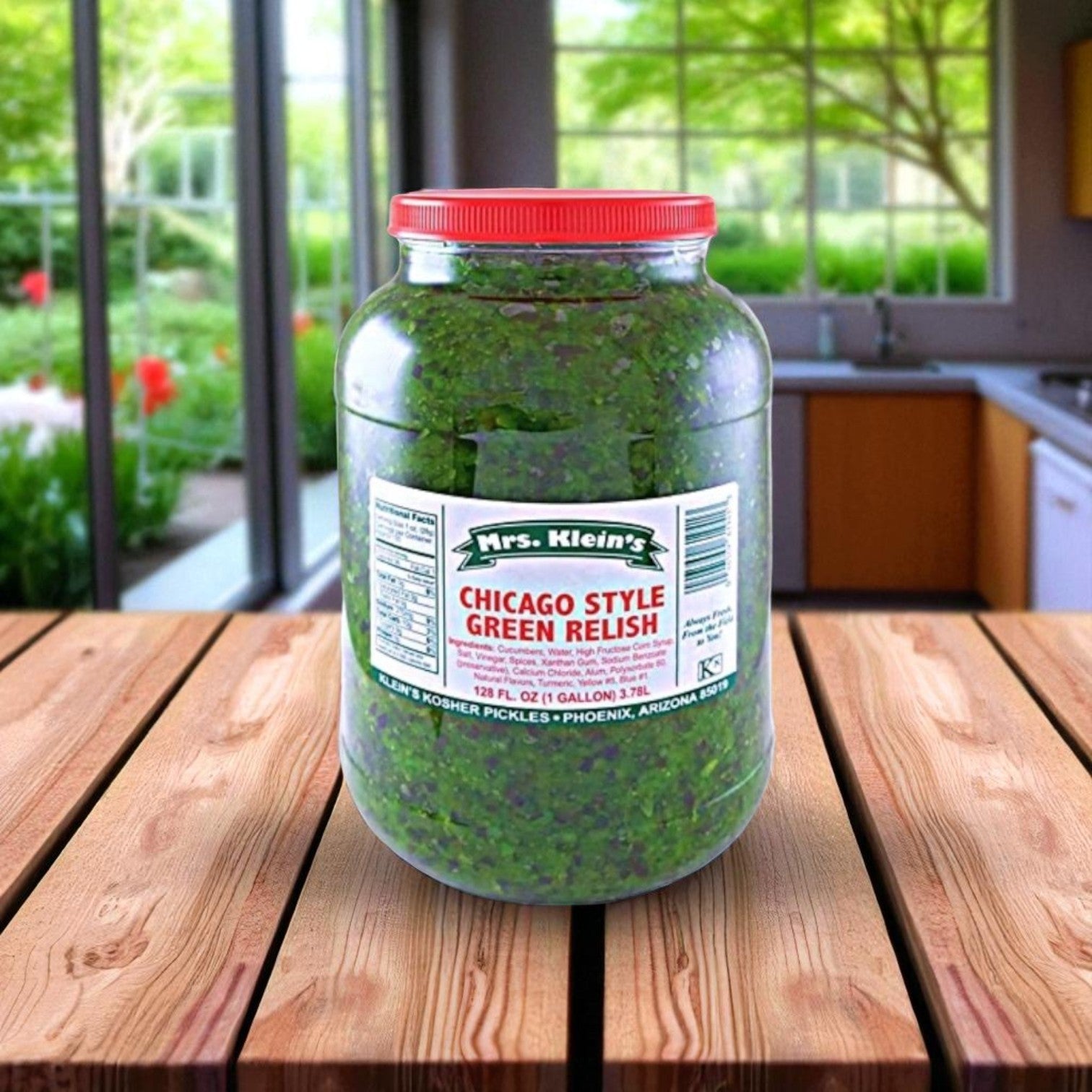 A large jar of Vienna Beef Sauerkraut by Vienna Beef sits on a wooden table, ready to be the perfect hot dog topping, with a kitchen and garden visible in the background.