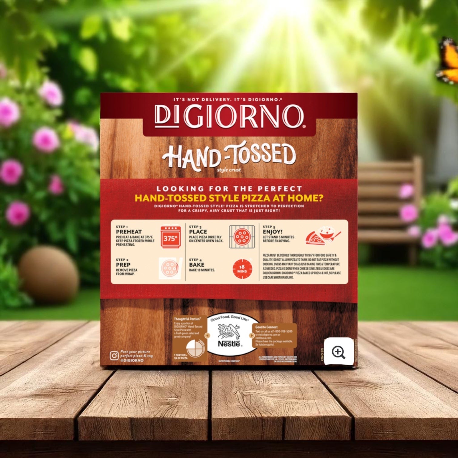 A DiGiorno Pizza, Style Crust, Hand-Tossed, Supreme box sits on a wooden table outdoors among grass and trees—inviting you to enjoy its savory blend of Italian sausage and mozzarella cheese.