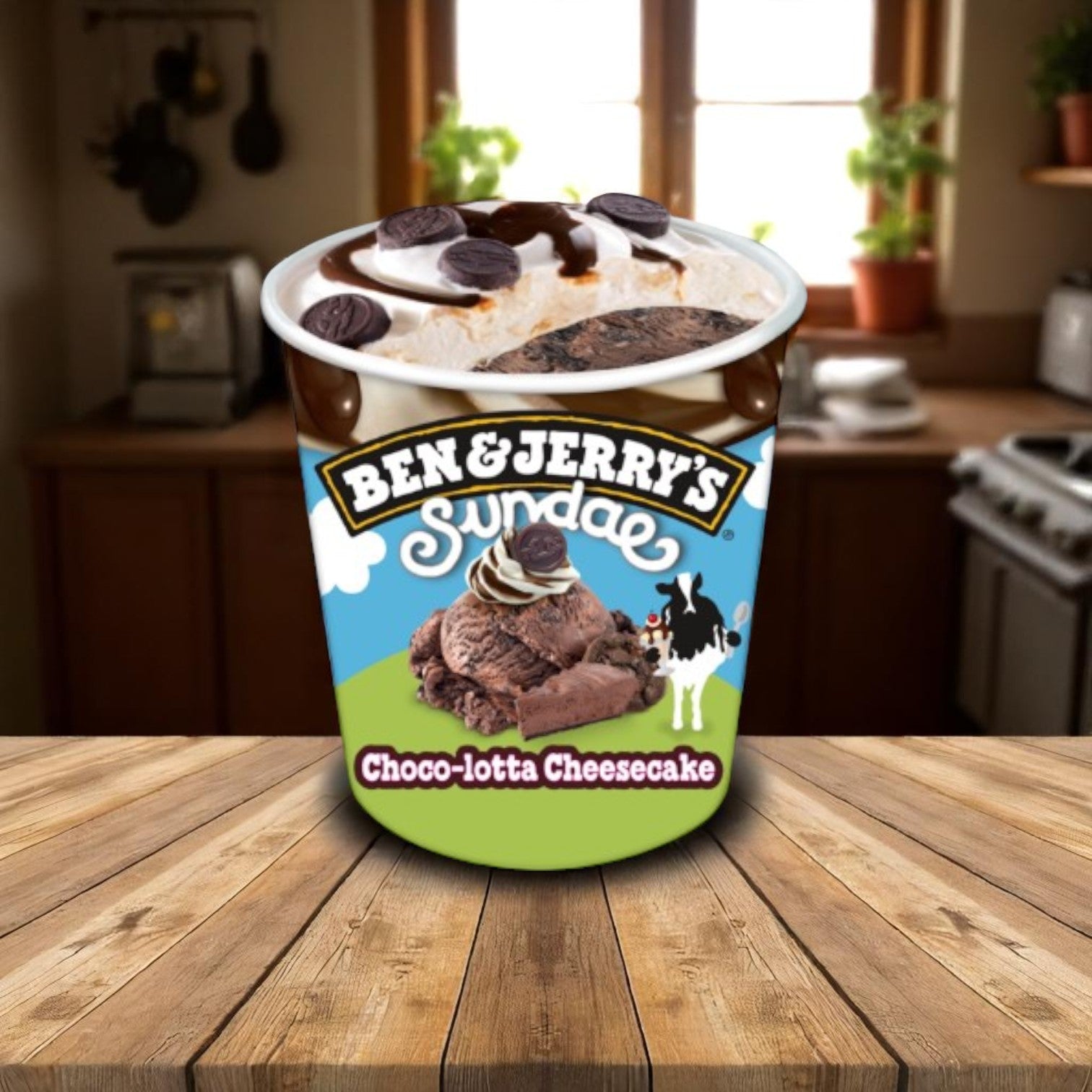 A 14.4 FL Oz tub of Ben & Jerry's Choco-Lotta Cheesecake Sundae ice cream sits on a wooden table in a cozy kitchen.