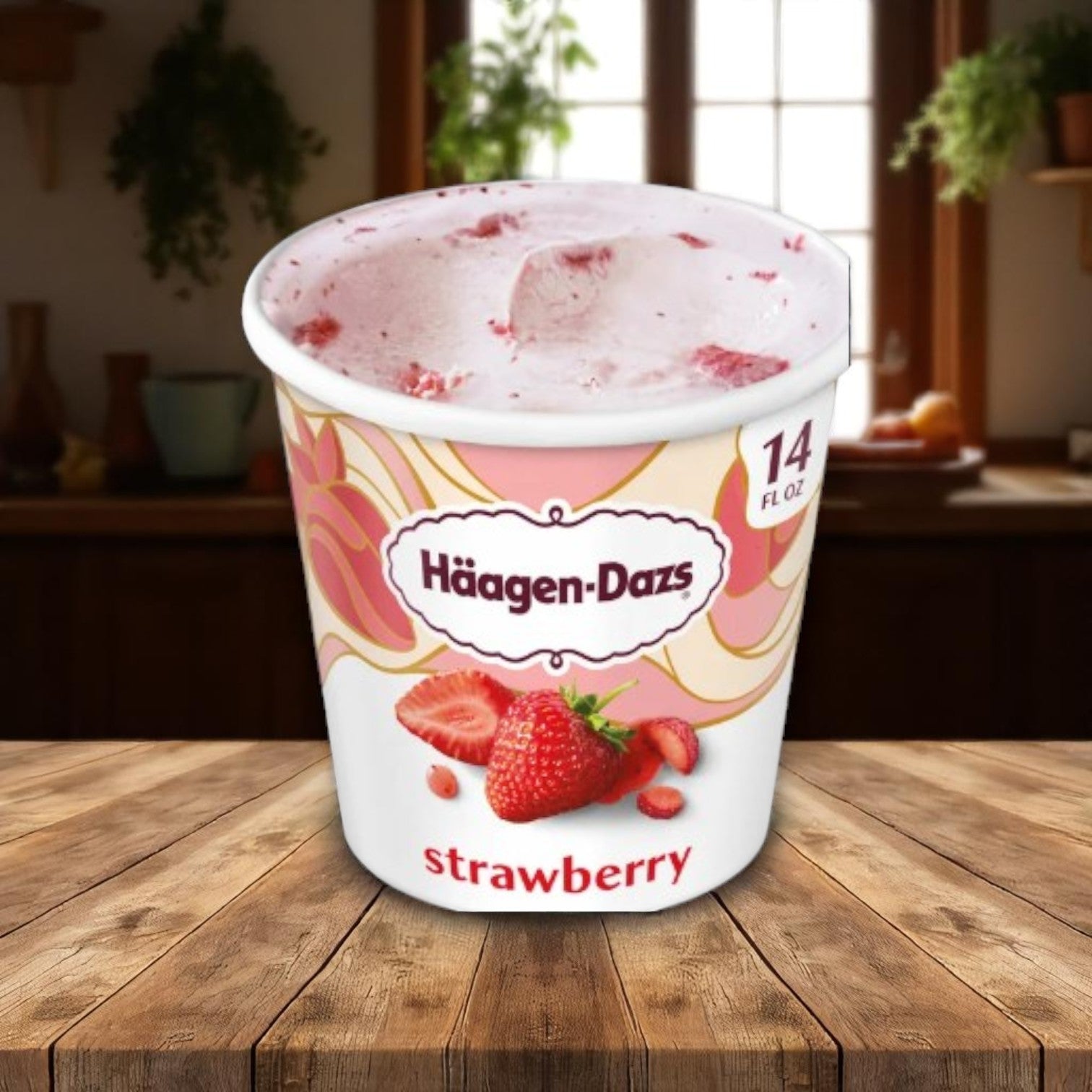 A 14 oz container of Haagan-Dazs Strawberry Ice Cream sits on a wooden table, with a kitchen and window in the background.