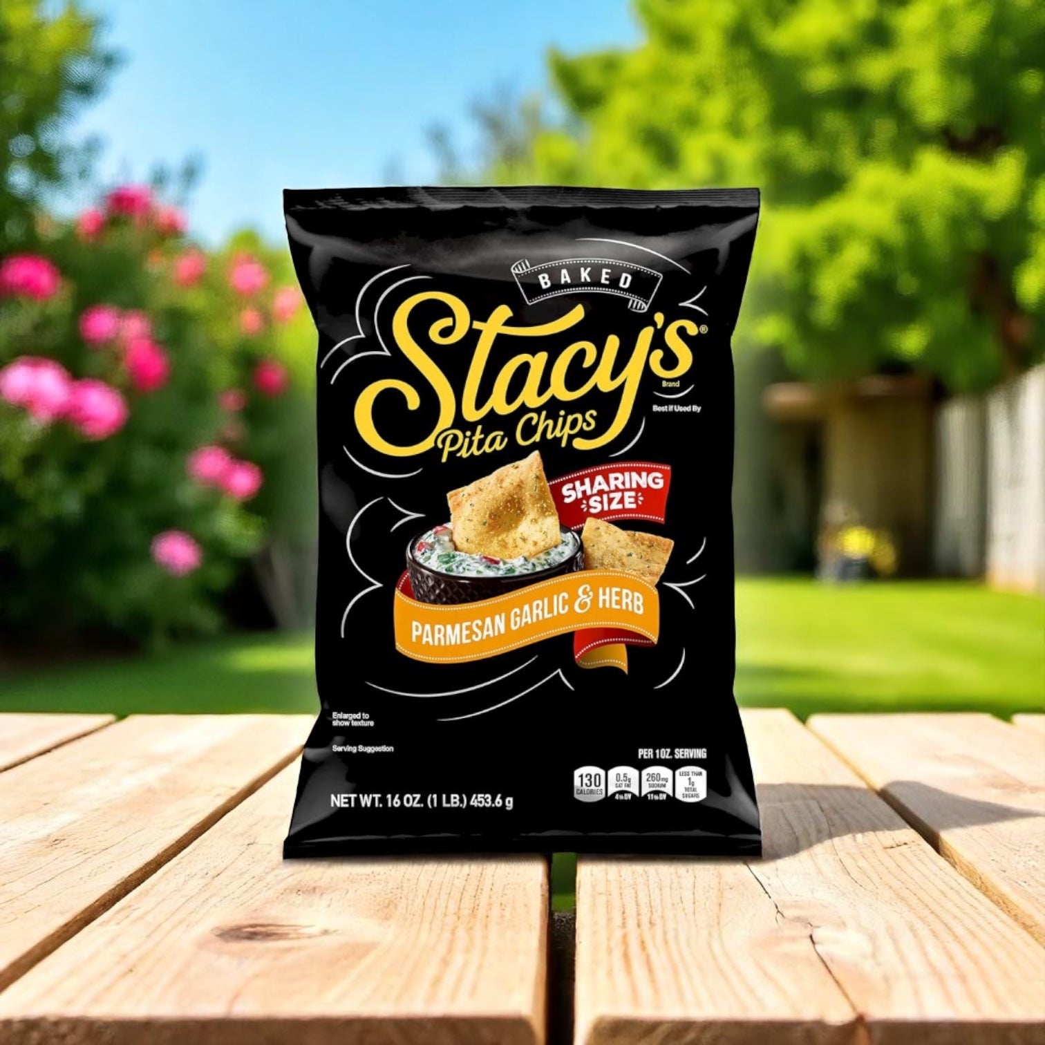 A bag of Easy Lunches Chips Pita Large Single Serving Parmesan Garlic & Herb, from a 24-case pack, sits on a wooden table outdoors with blurred greenery and flowers in the background.