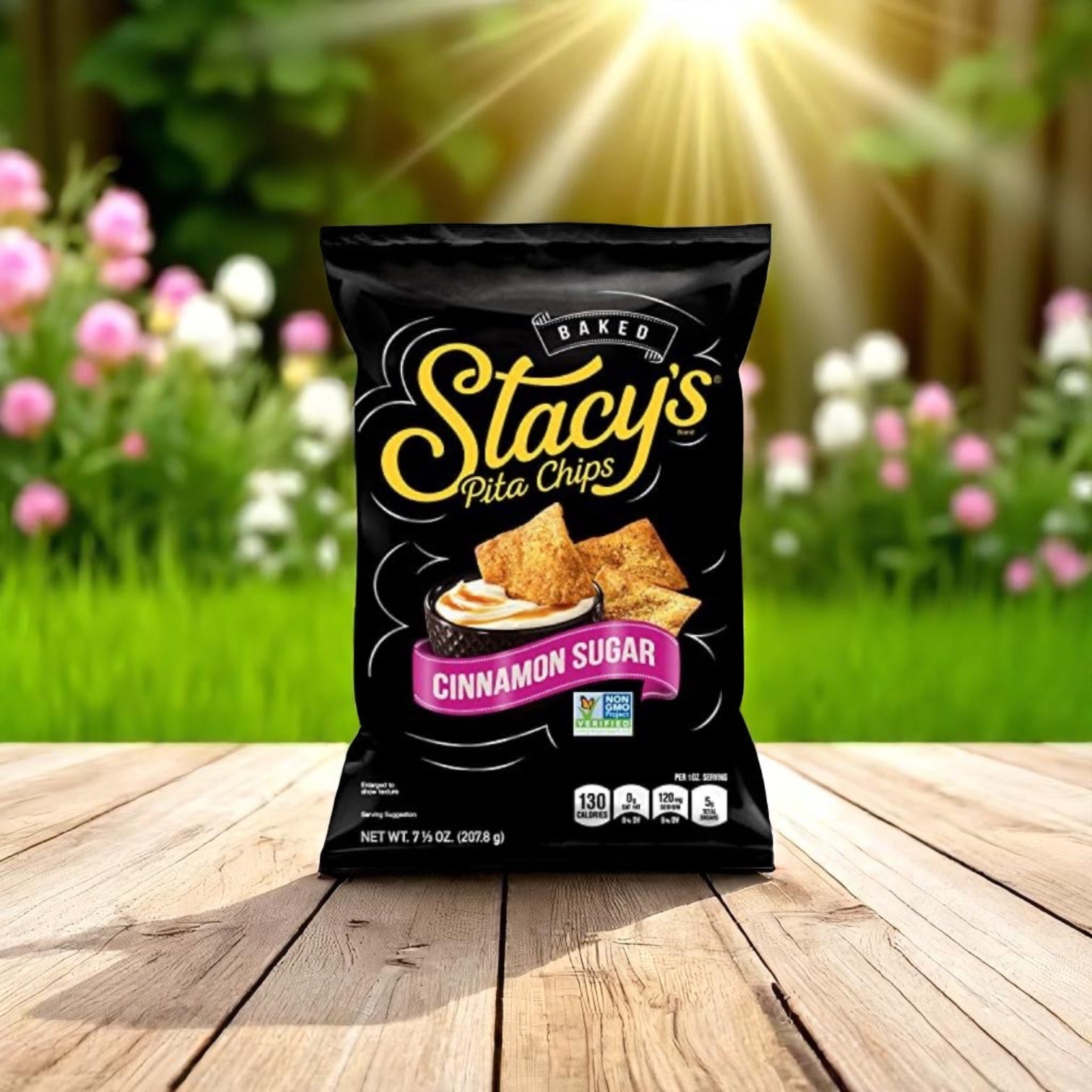A bag of Easy Lunches Stacys Large Pita Chips Cinnamon Sugar Single Serving 24 Case rests on a wooden surface outdoors, with sunlight and a blurred garden in the background.