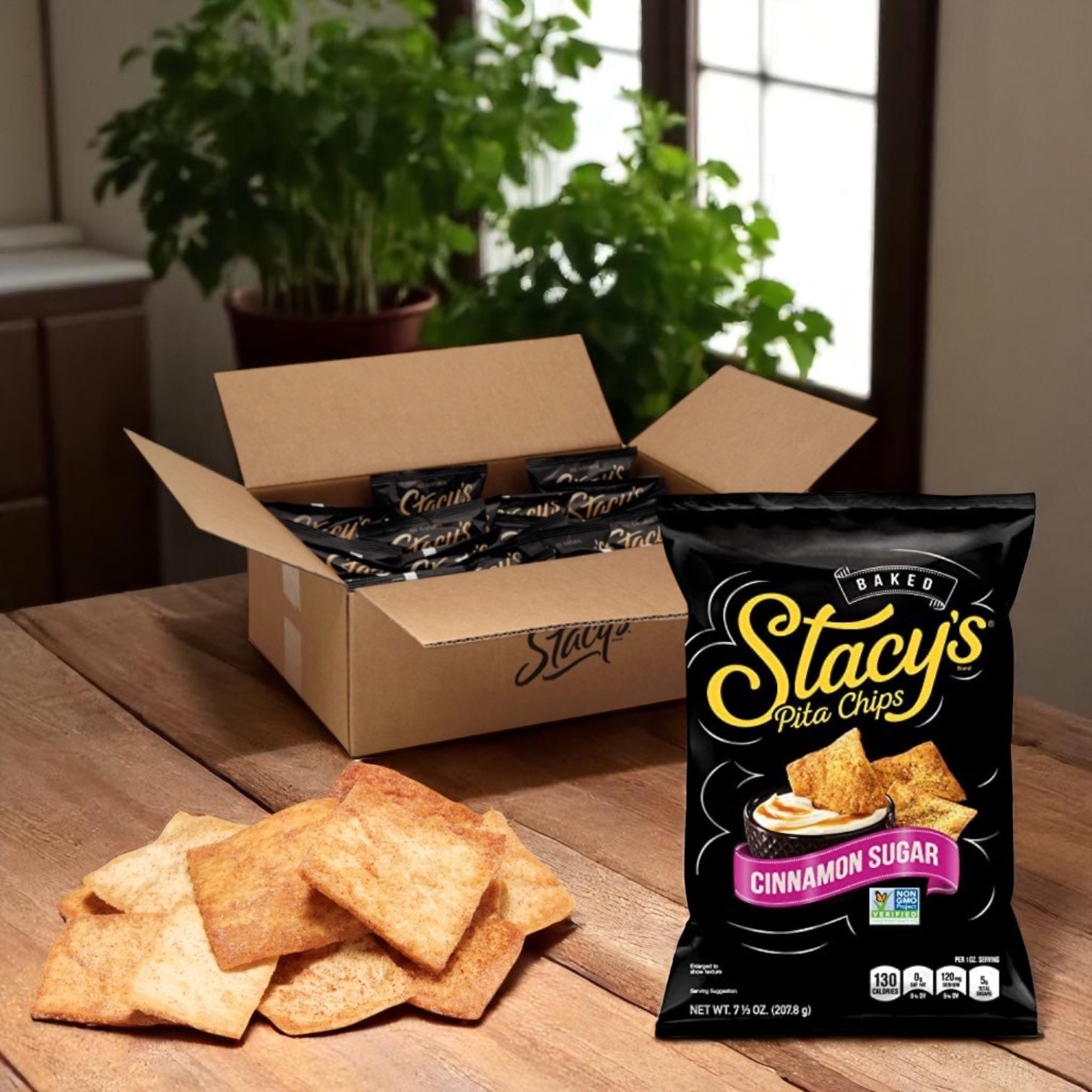 A bag of Easy Lunches Stacys Large Pita Chips Cinnamon Sugar Single Serving 24 Case is shown on a wooden table beside pita chips and an open box containing more non-GMO bags.