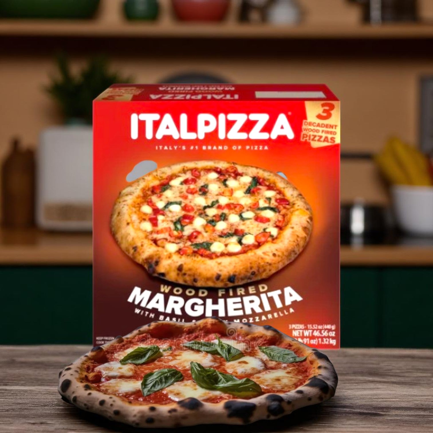 A box of Easy Lunches ITALPIZZA Wood Fired Pizza, Margherita, 15.5 oz (3 Count, 3 Cases), product of Italy, sits on a kitchen counter with a cooked pizza topped with basil in front of it.