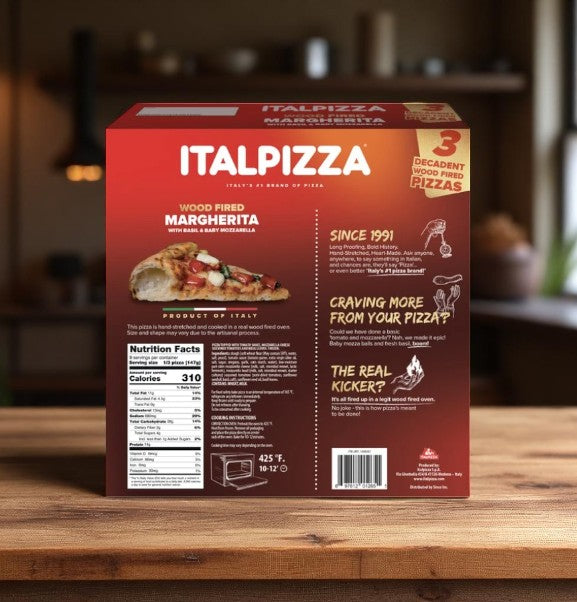 Easy Lunches ITALPIZZA Wood Fired Pizza, Margherita, 15.5 oz, 3 Count (3 Cases) box on a kitchen counter features product details, nutrition facts, and promos on the back. Authentic Italian Margherita style.