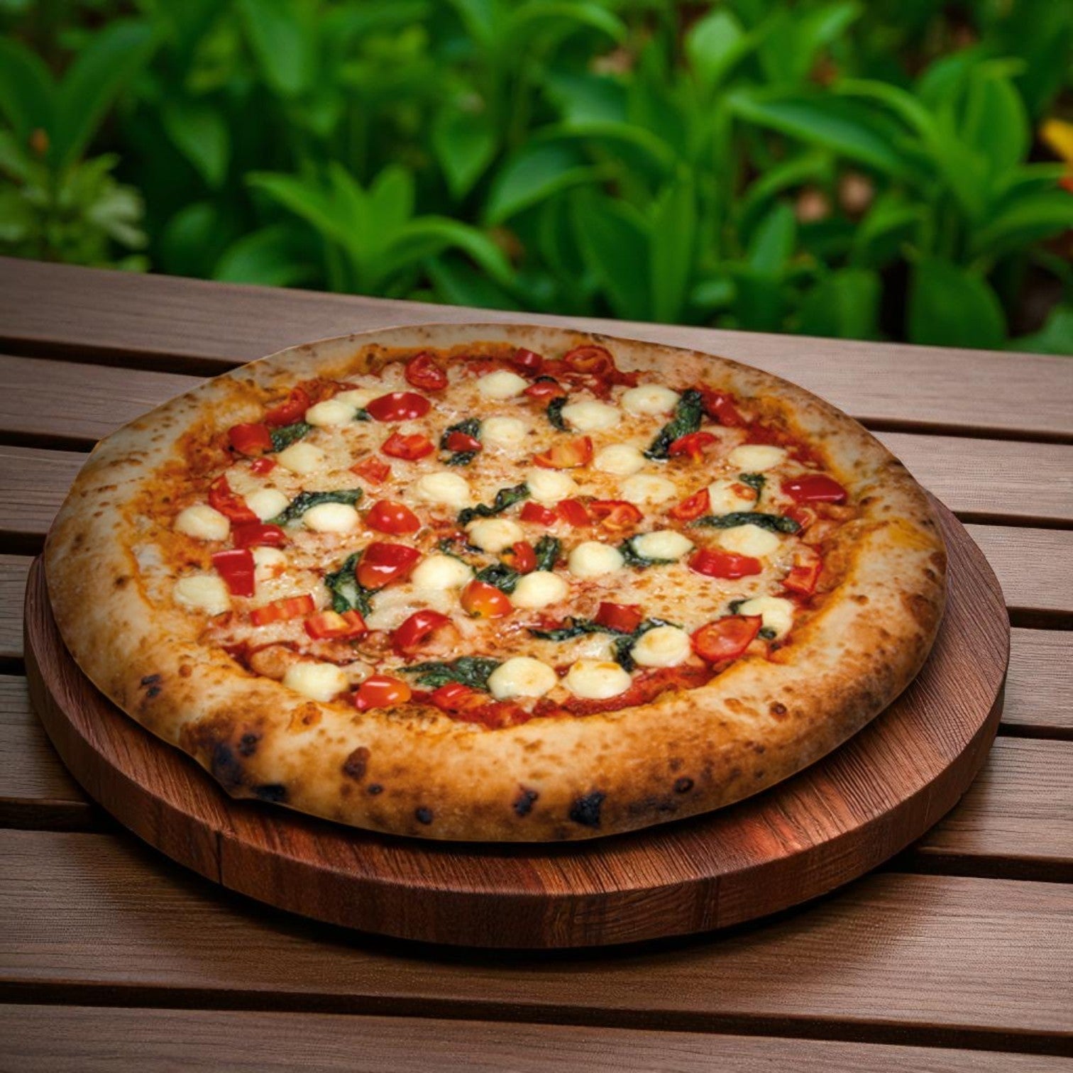 Easy Lunches ITALPIZZA Wood Fired Pizza Margherita (14.1 oz, 3 cases) featuring mozzarella, tomato, and basil is served on a wooden tray outdoors, with green plants in the background.