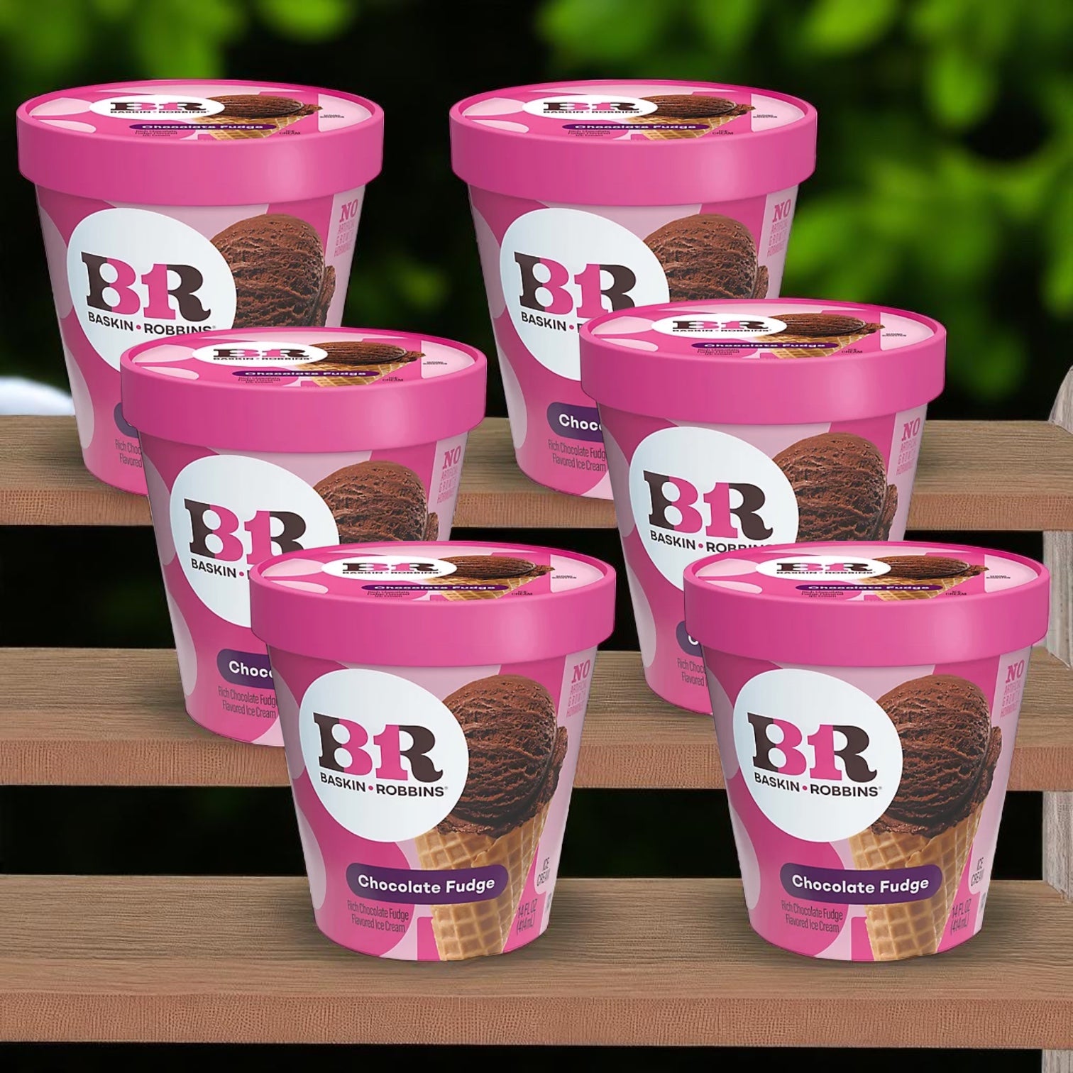 Six 14 oz Baskin Robbins Ice Cream Chocolate Fudge containers are displayed on wooden planks against a softly blurred green background—a chocolate lover's dream dessert from Baskin Robbins.