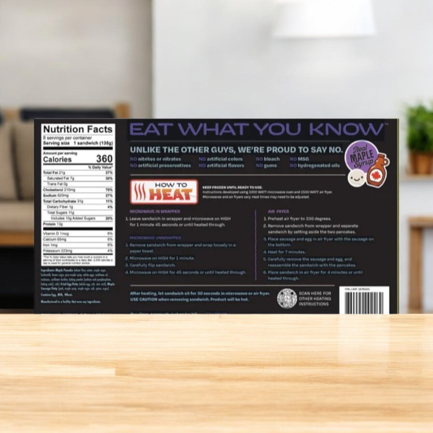 A box of Easy Lunches Mason Dixie Pancake Sandwich, 8-count-1 Case, displays its nutrition facts label, heating instructions, and marketing text on the back panel.