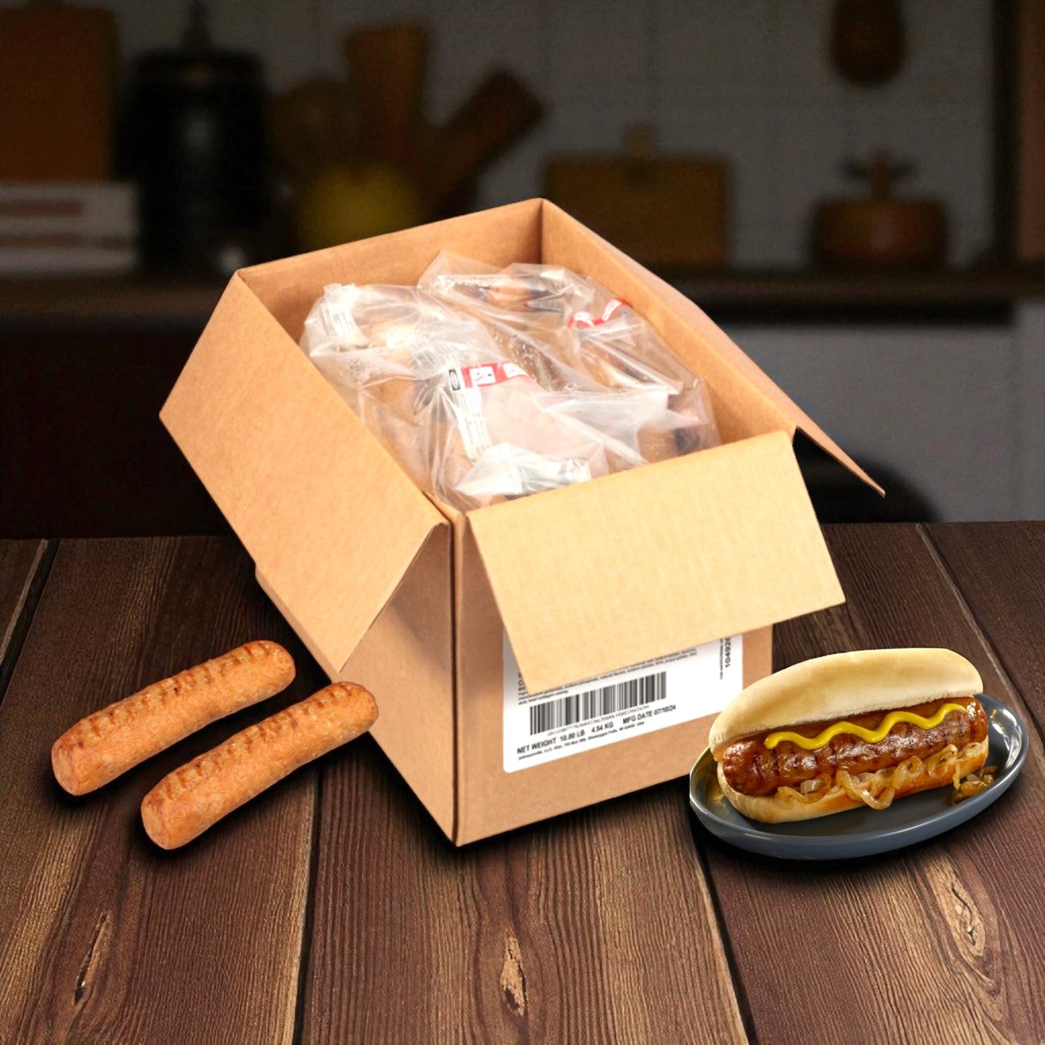 A cardboard box of Johnsonville Ultimate Brat 4:1 Ultimate 2 Pack/5 Pounds Each-1 Case sits on a wooden table, with two unwrapped gluten-free, fully cooked pork brats and a plated sausage sandwich nearby.