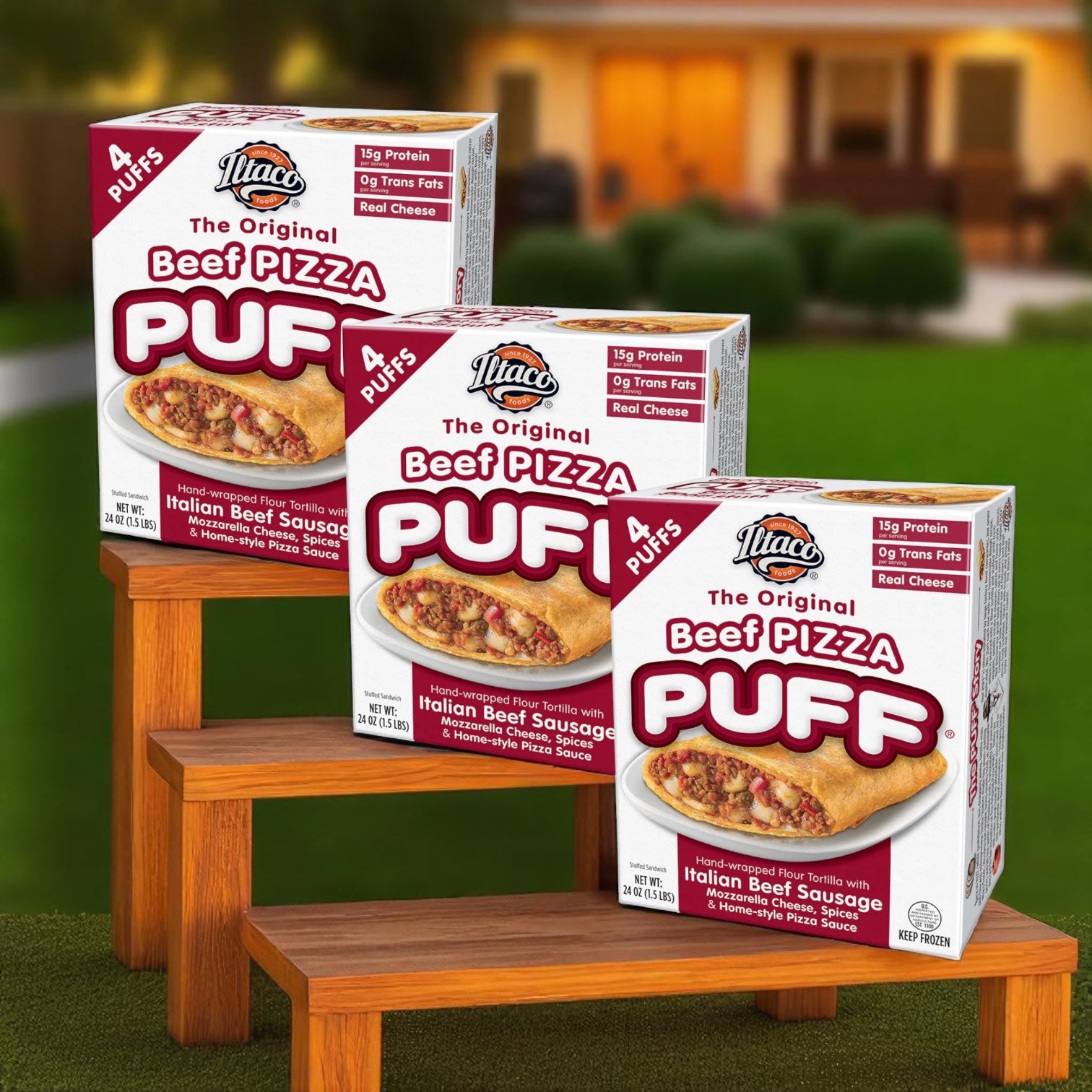 Three boxes of The Original Pizza Puffs The Original Puff Beef Pizza—24 oz, 4 puffs each, 3 count—are shown on wooden benches outdoors with a blurred house and yard behind them, each offering a gourmet-style crispy pastry meal.