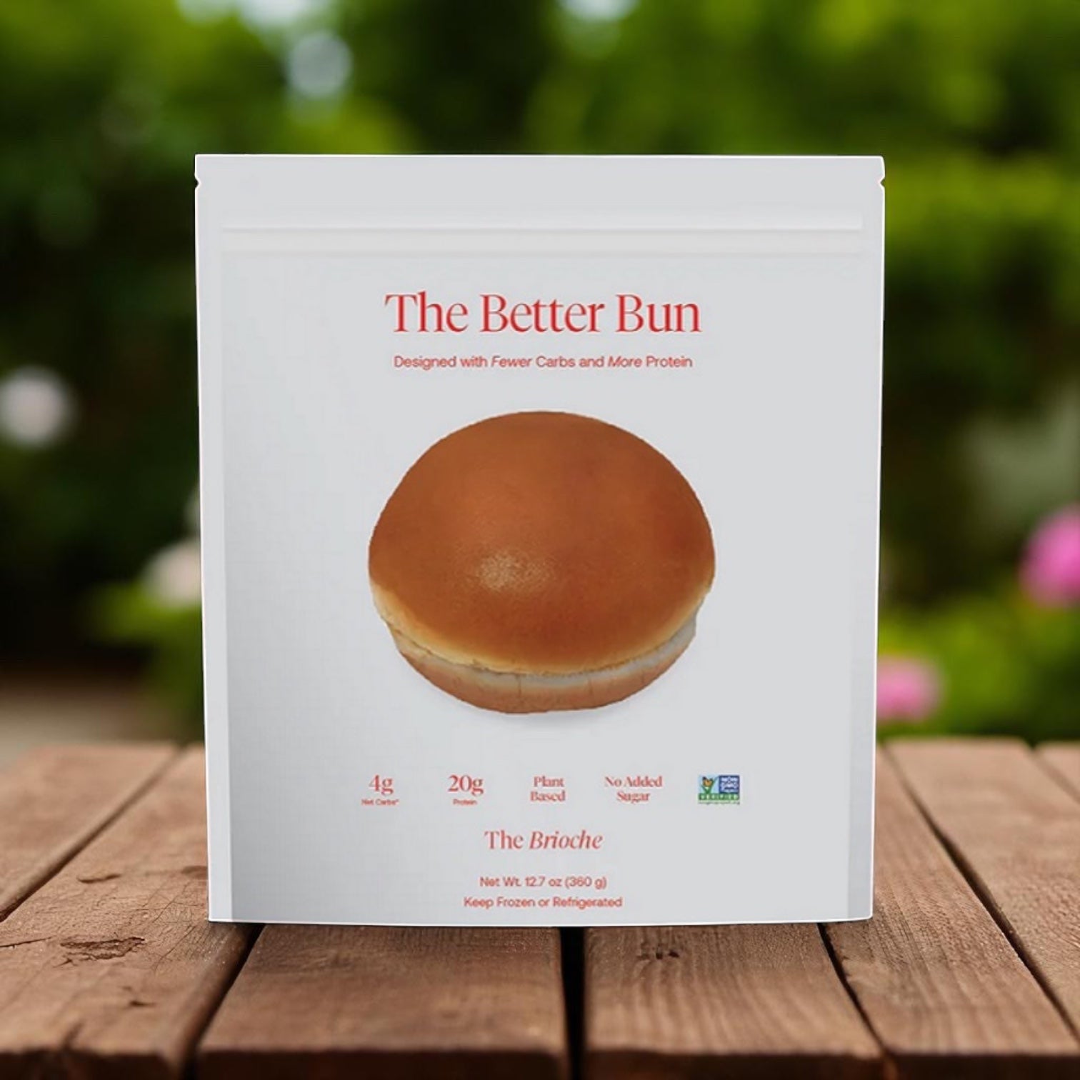 BetterBrand’s The Better Bun – Brioche Style (4 bags, 16 buns) is in stock and ready to ship! The package shows a low-carb bun with more protein, is plant-based, non-GMO, and has no added sugar.