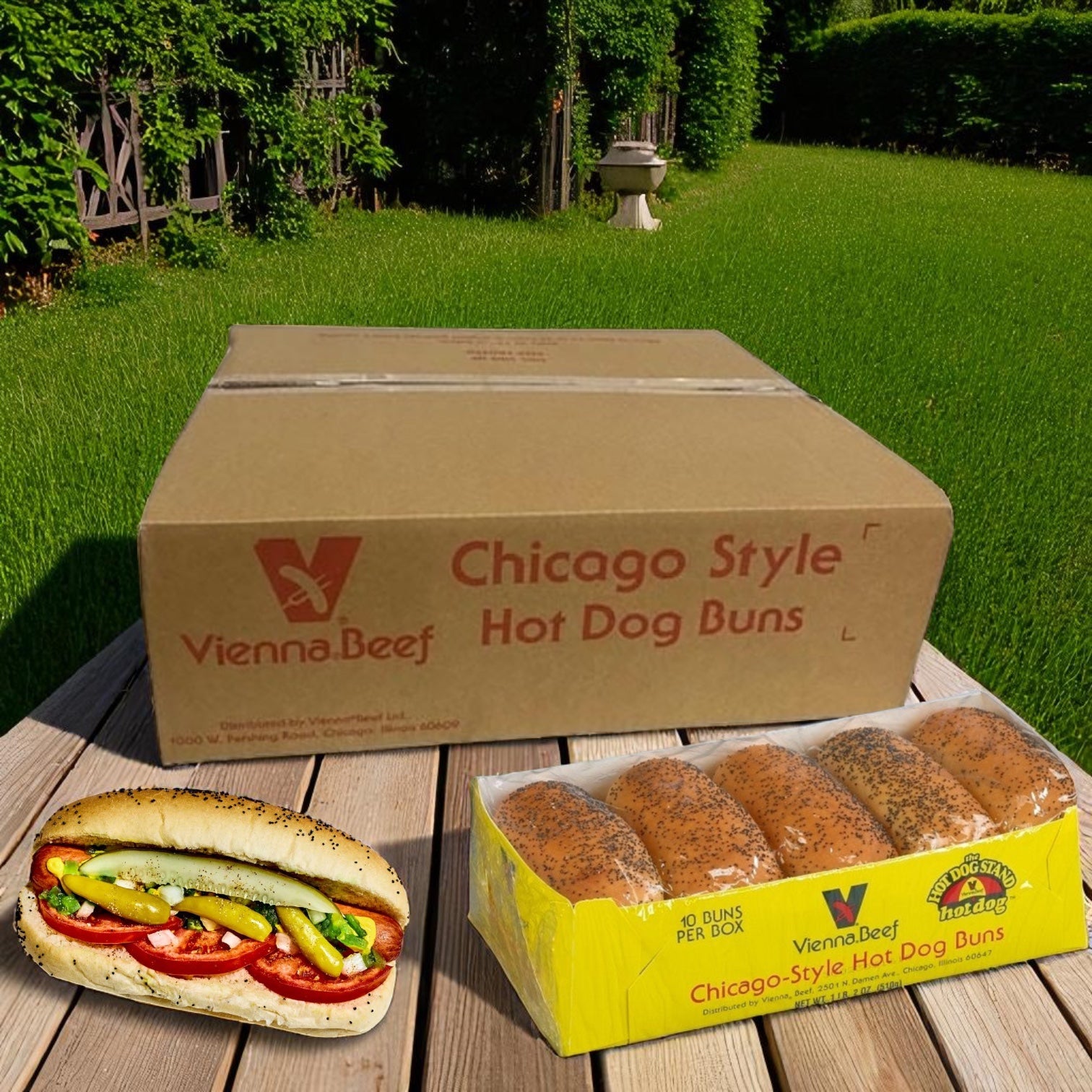 A box of Vienna Beef Vienna Poppy Seed Hot Dog Buns (12 -10 packs, 120 buns) rests on a wooden table outdoors, with a package and a classic Chicago-style hot dog featuring the poppy seed buns in front.