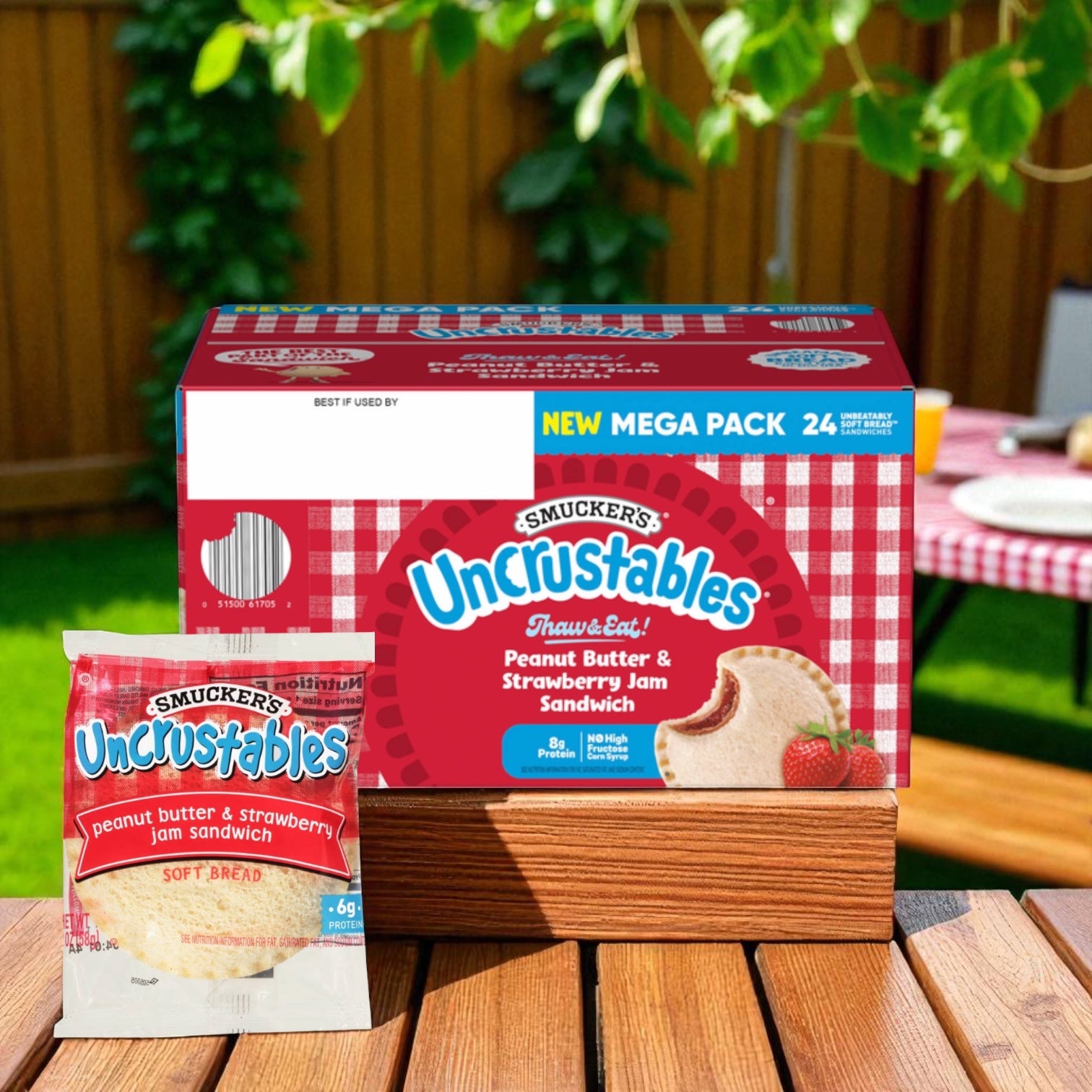 A box of Uncrustable Smuckers Peanut Butter & Strawberry Jam Sandwiches (24 Count) sits on a wooden table outdoors, with a single packaged sandwich beside it, ready for an easy handheld snack.