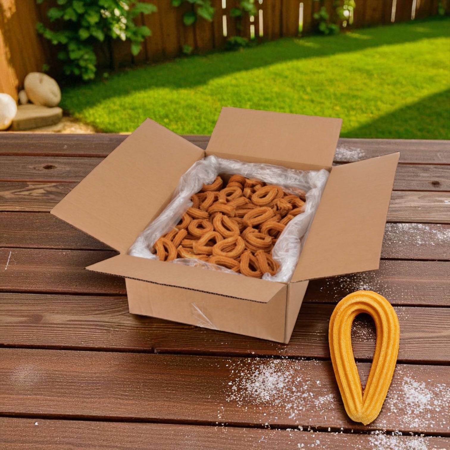 A box of Hola Churro® – Churro Mexican Loop 3 Inch (250 count) by Hola Churro sits on a wooden table, with one loop churro and some sugar sprinkled nearby.