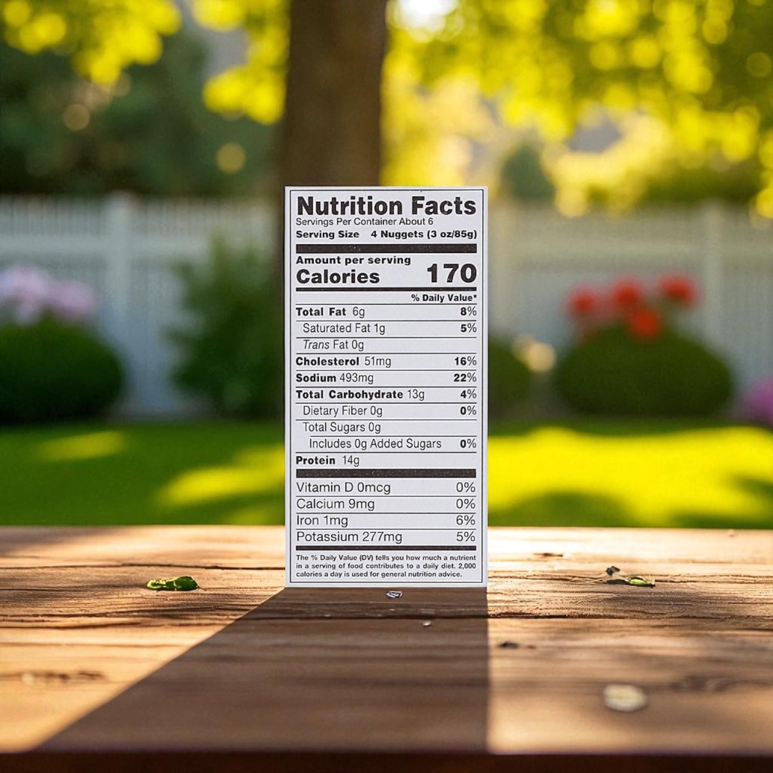 A nutrition facts label is displayed beside Midamar Halal Chicken Breast Nuggets - 18 OZ from midamar, set on a sunlit outdoor table with green grass, trees, and a white fence softly blurred in the background.