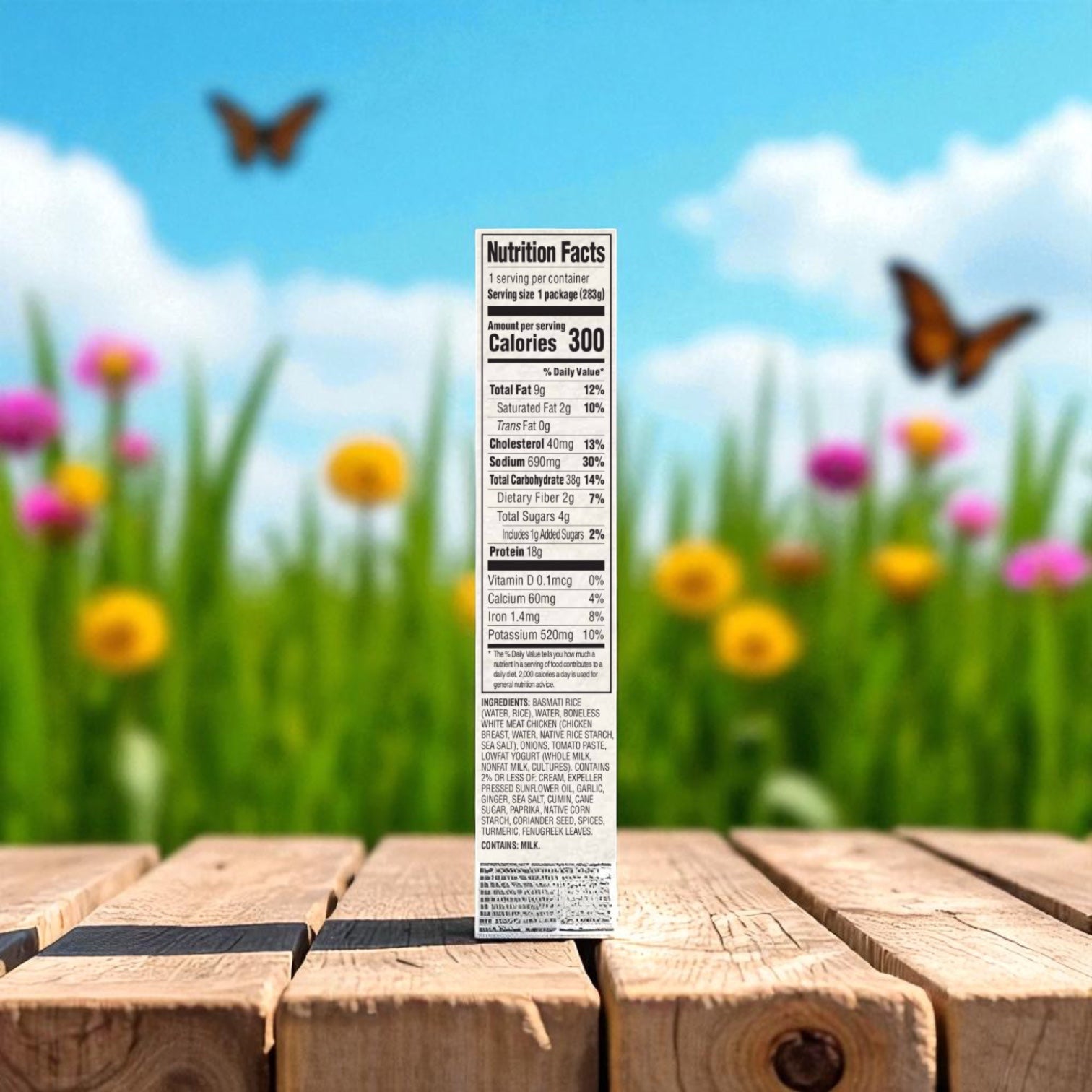 A Saffron Road® Chicken Tikka Masala with Basmati Rice Gluten-Free Frozen Dinner nutrition label stands upright on wood, with a blurred backdrop of colorful flowers, green grass, and butterflies. This is a 3-count package from Saffron Road.