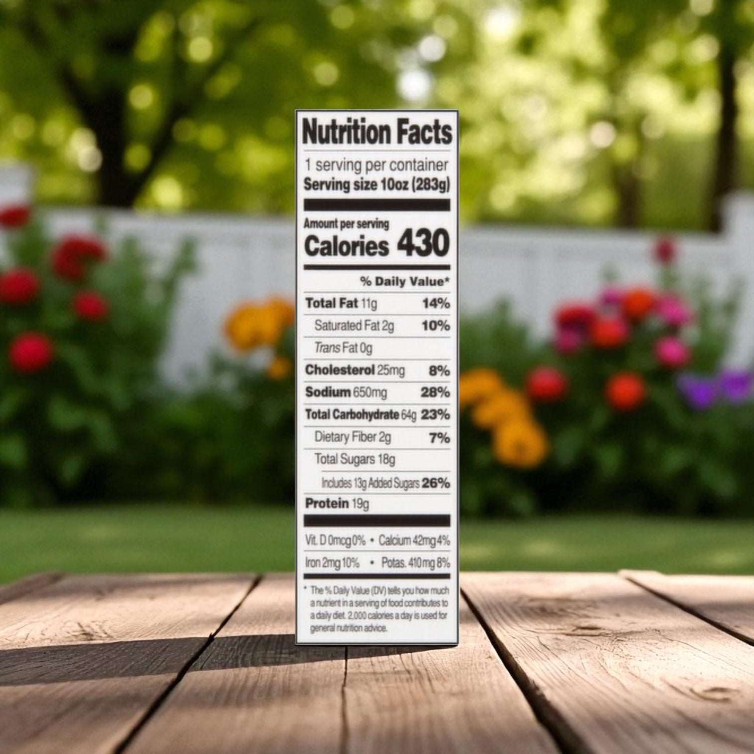 A Saffron Road® Chicken Pad Thai with Rice Noodles Gluten-Free Frozen Dinner nutrition label stands upright outdoors on wood, displaying 430 calories per serving plus fat, cholesterol, sodium, carbohydrate, and protein values.