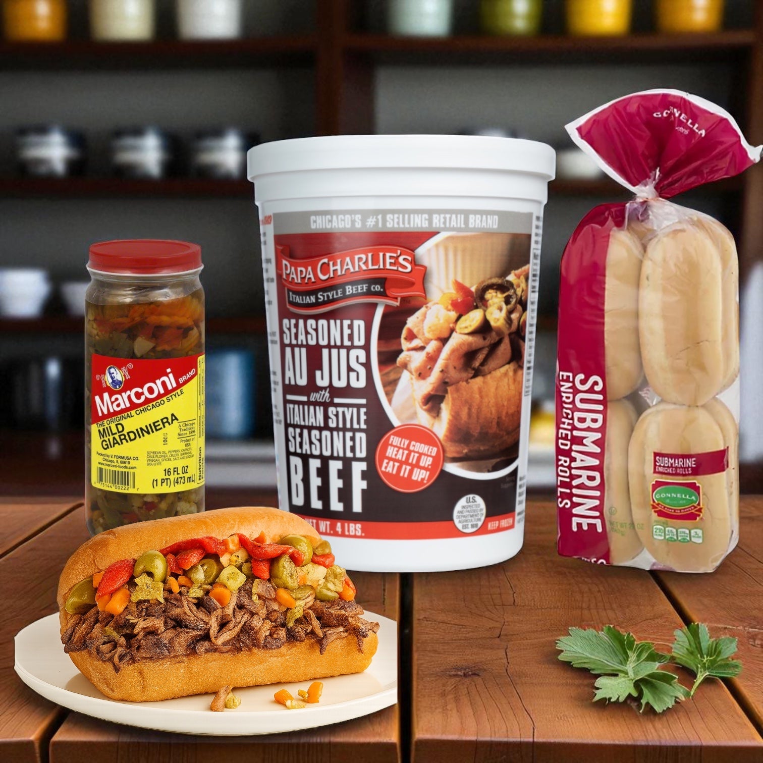 The Papa Charlie's Gonella Bread Mild Giardiniera Italian Beef Sandwich Kit (3 Count) includes Gonella bread, mild giardiniera, and seasoned beef—everything you need to make authentic Chicago-style Italian beef sandwiches.