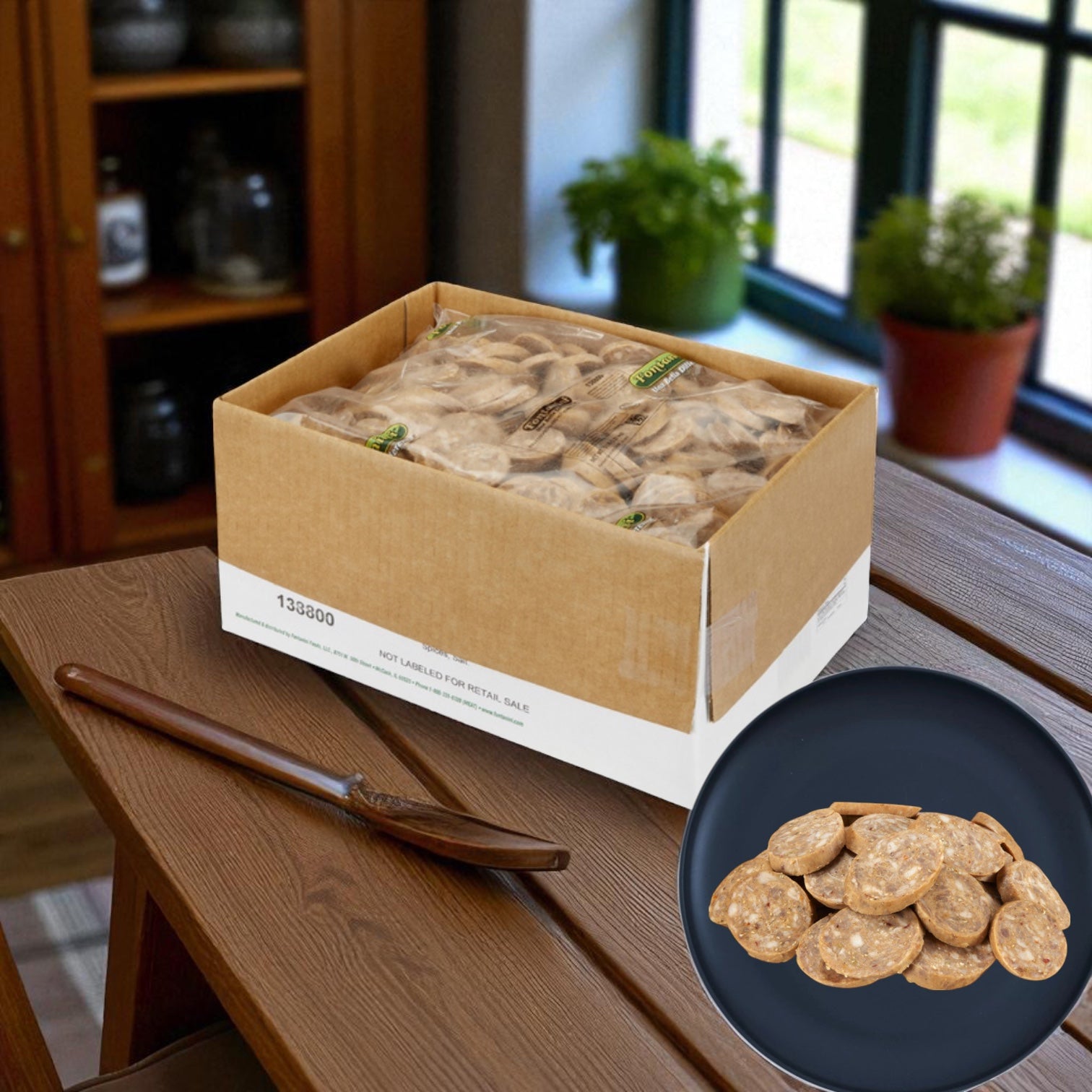 A Sysco Fontanini Italian Honey Cooked Hot Sliced Sausage 5 lb box, with individually wrapped pieces, sits on a wooden table. A blue plate nearby displays several unwrapped slices from the same premium sausage snack.