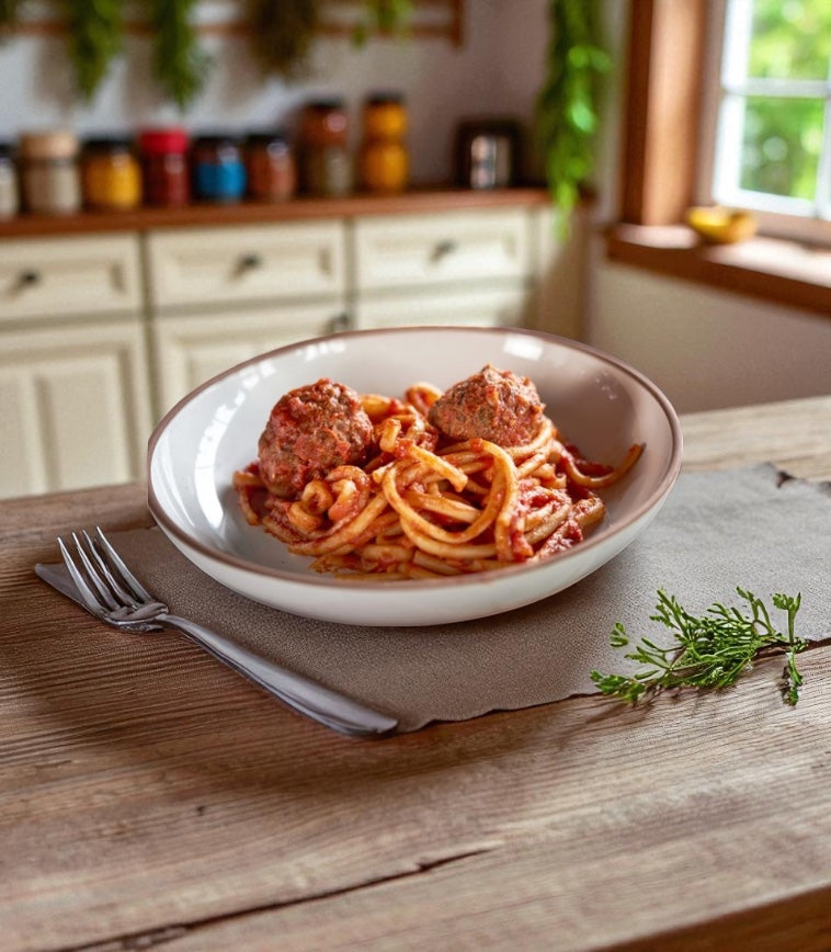A bowl of spaghetti with tomato sauce and two Sysco Fontanini Italian Beef Pork Fully Cooked Meatballs (1 oz each) is served on a wooden table with a fork and napkin, creating a cozy dining scene.