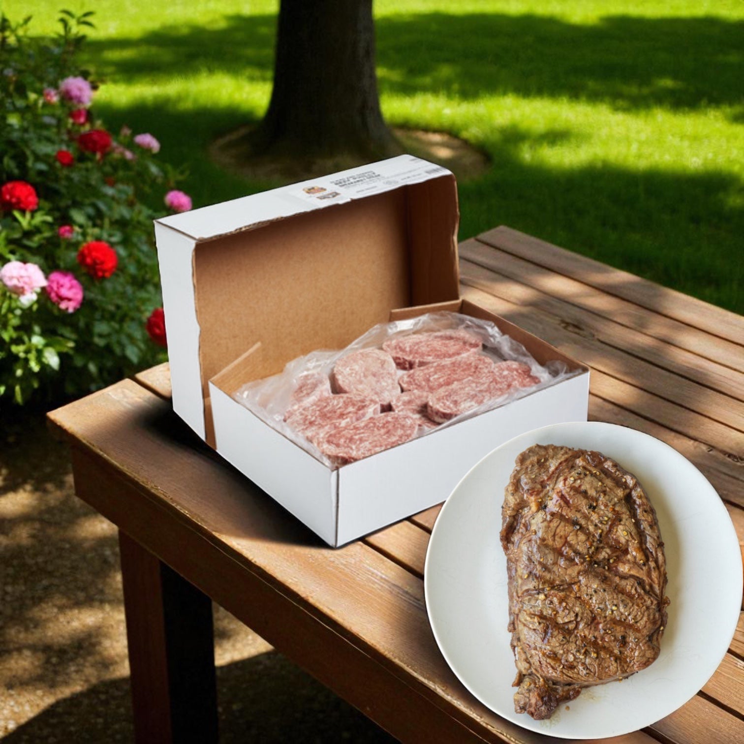 A box of Sysco Beef Steak Philly Certified Angus Beef Breakaway - 32 Count - 5 oz rests on a wooden outdoor table, while a plate in front displays a cooked steak portion.