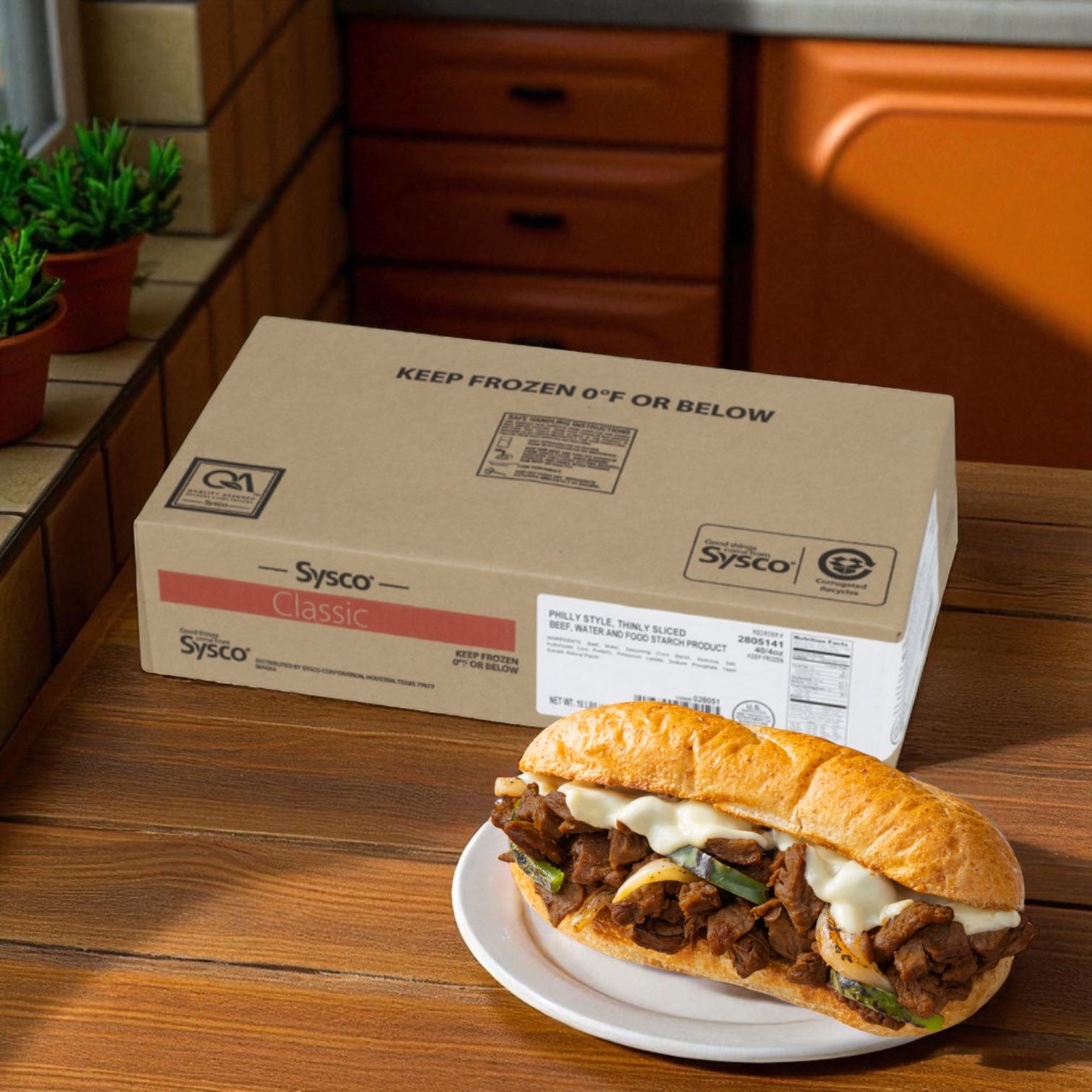 A box of Sysco Beef Steak Philly Marinated Flat - 40 Count - 4 oz sits on a kitchen counter near a Philly cheesesteak sandwich made with portion-controlled beef steak on a plate.