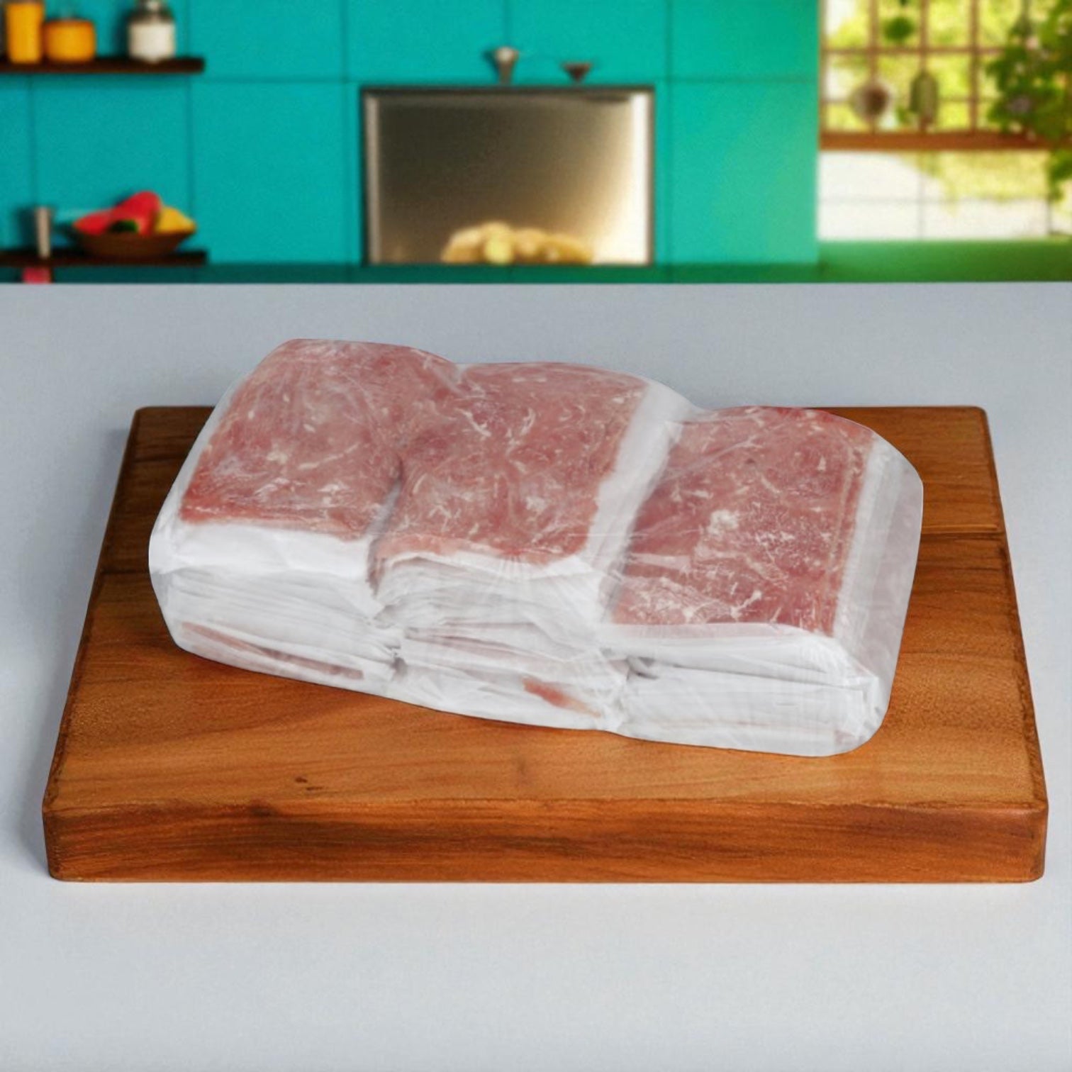 Three portion-controlled Sysco Beef Steak Philly Marinated Flat pieces (4 oz each, from a 40-count pack) are wrapped in plastic and set on a wooden cutting board, with a kitchen scene in the background.