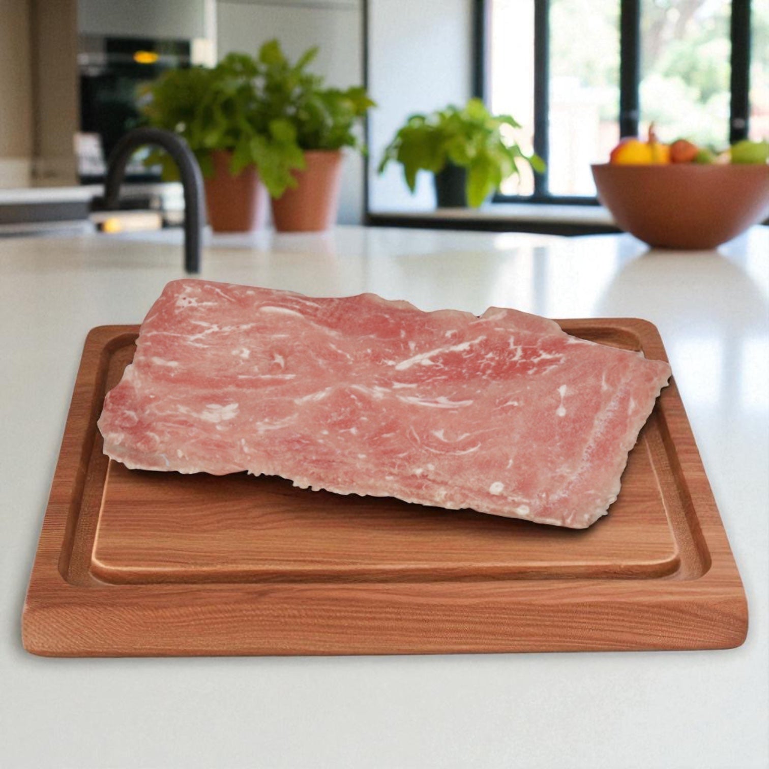 A Sysco Beef Steak Philly Marinated Flat (40 count, 4 oz) sits on a cutting board in a kitchen with potted plants and fruit, perfect for creating portion-controlled beef dishes.