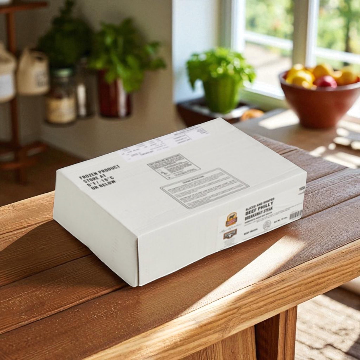 A Sysco Beef Steak Philly Certified Angus Beef Breakaway box (32 count, 5 oz each) sits on a wooden kitchen counter with fruit and plants nearby, sunlight streaming in through the window.