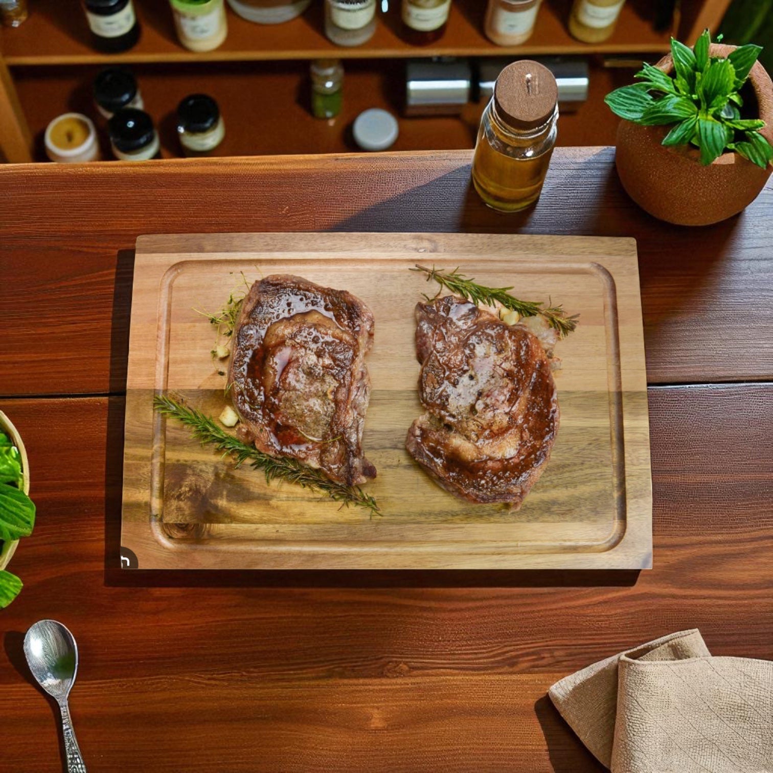 Two Sysco Beef Steak Philly Certified Angus Beef Breakaway steaks (32 count, 5 oz) rest on a wooden board with rosemary—ideal for slicing into Philly sandwiches or enjoying as flavorful, portioned frozen beef.