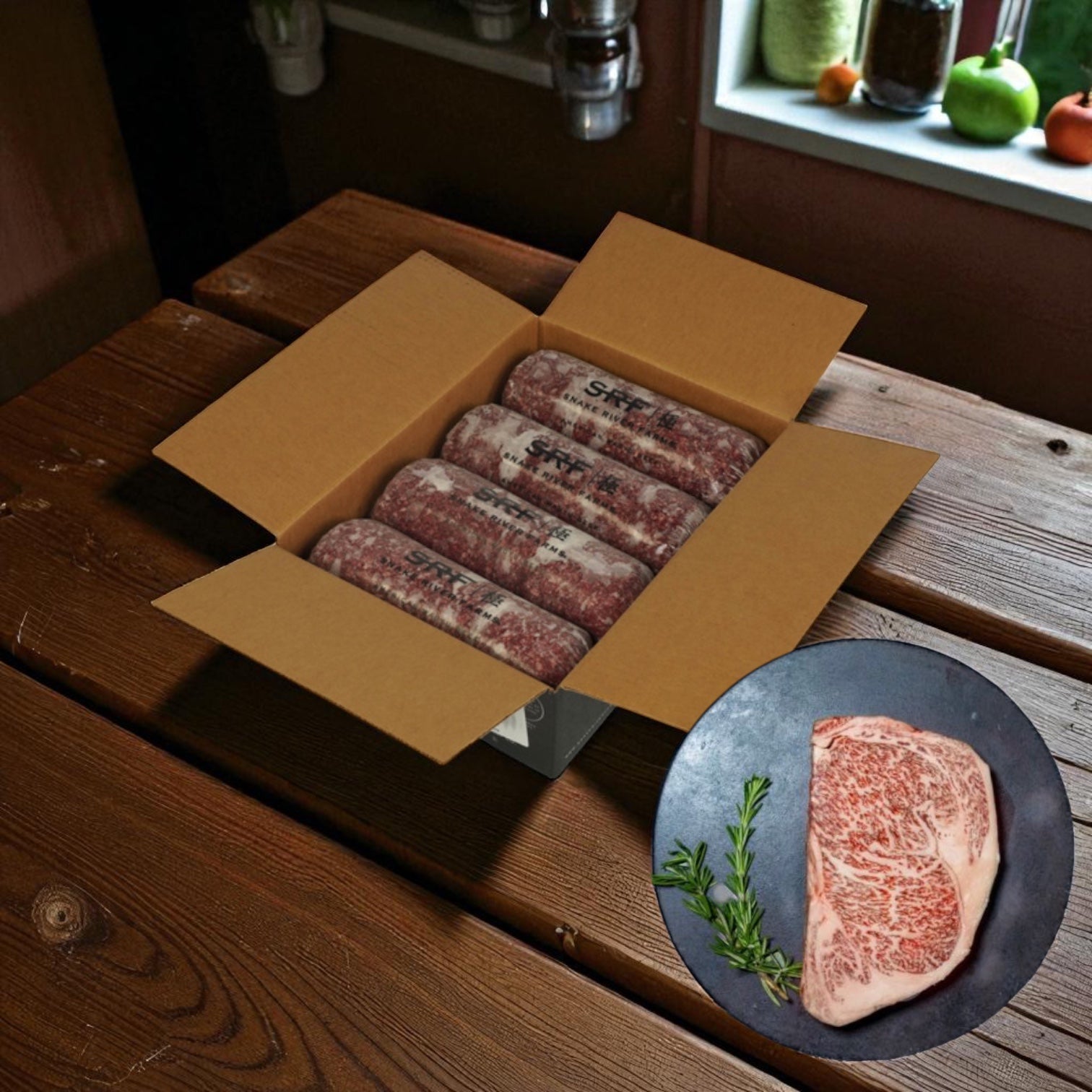 A Snake River Farms American Style Wagyu Beef Ground 75% - 4 Count - 5 lb box rests on a wooden table; a marbled raw steak with herbs is arranged on a black plate in the foreground.