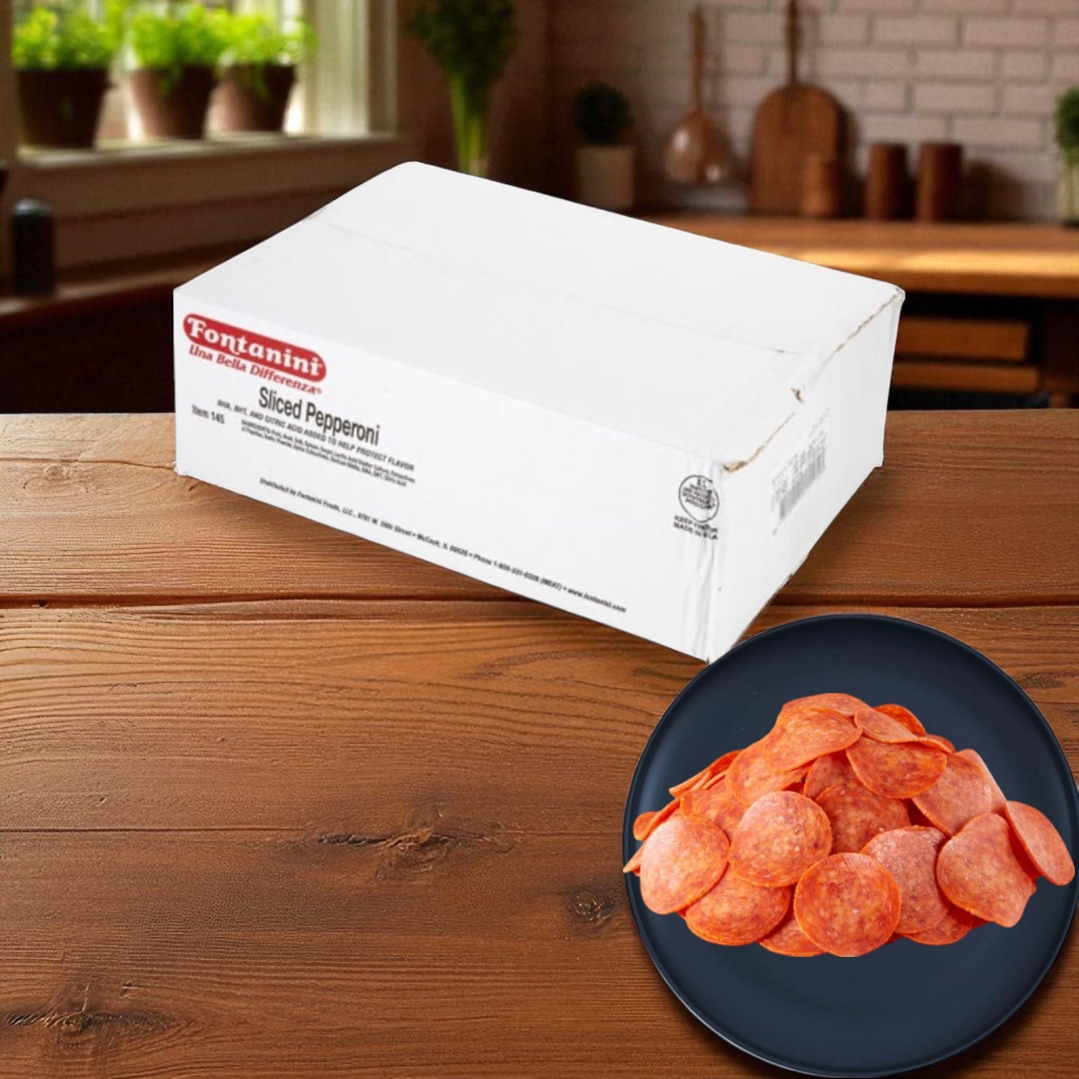 A white Sysco box labeled "Fontanini Sliced Pepperoni - 2 Count - 5 lb (10 Pounds Total)" rests on a wooden table next to a black plate of sliced pepperoni, set against a kitchen backdrop ideal for premium foodservice presentation.