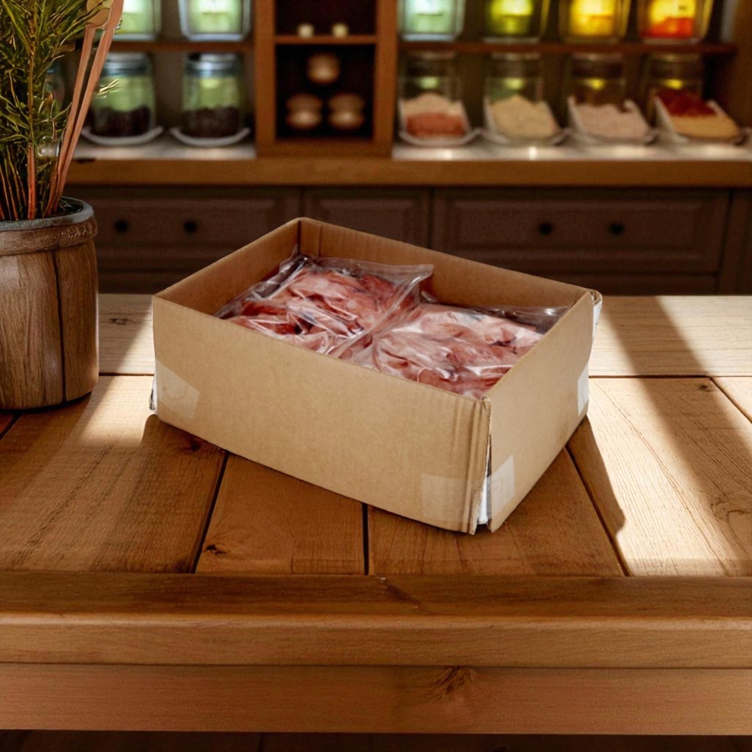A Sysco Fontanini Sliced Pepperoni - 2 Count - 5 lb (10 Pounds Total) box with individually sealed packs is on a kitchen table, ideal for foodservice or as a premium pizza topping.