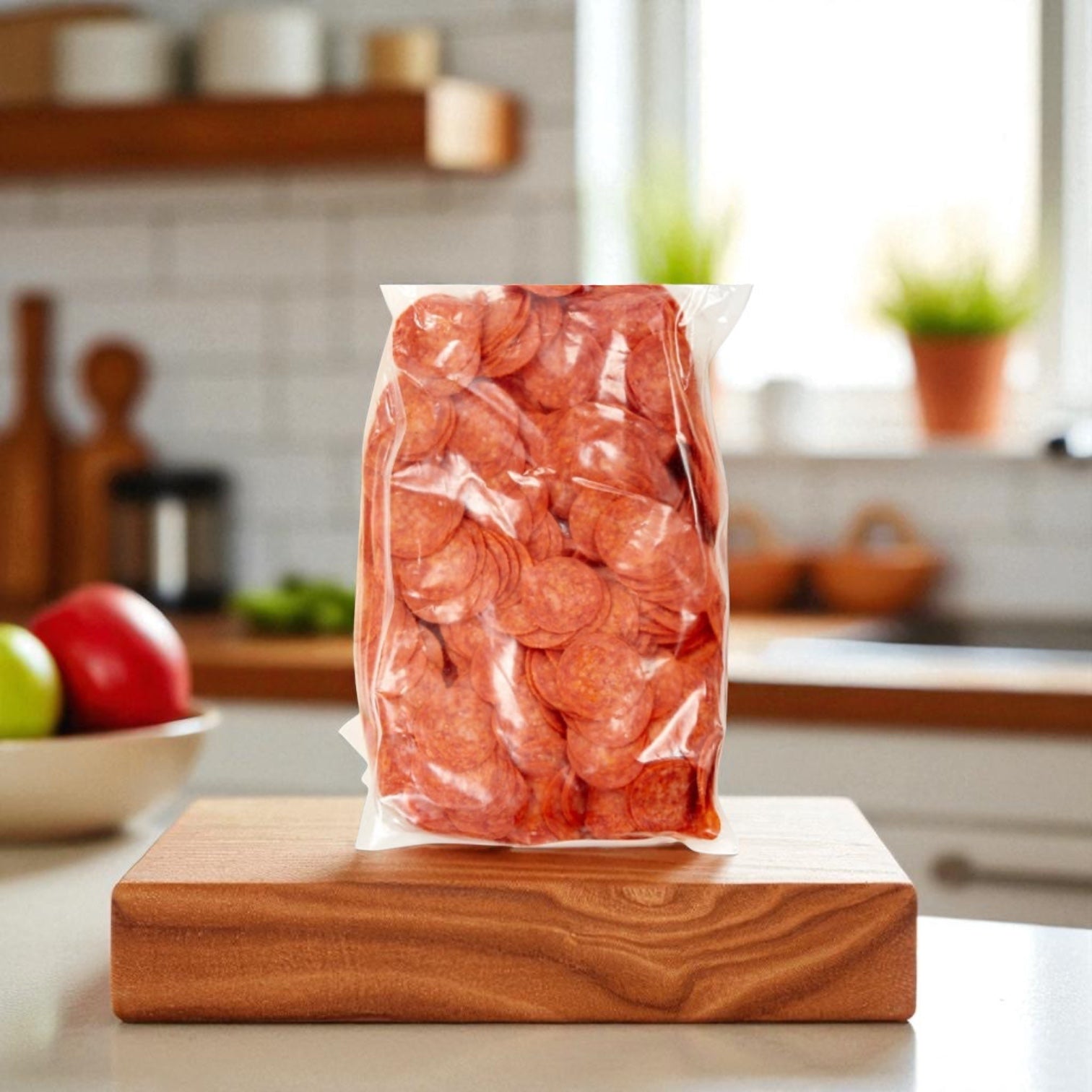 A sealed bag of Sysco Fontanini Sliced Pepperoni - 2 Count, 5 lb each (10 pounds total) rests on a wooden cutting board in a kitchen, ready to top your next pizza.