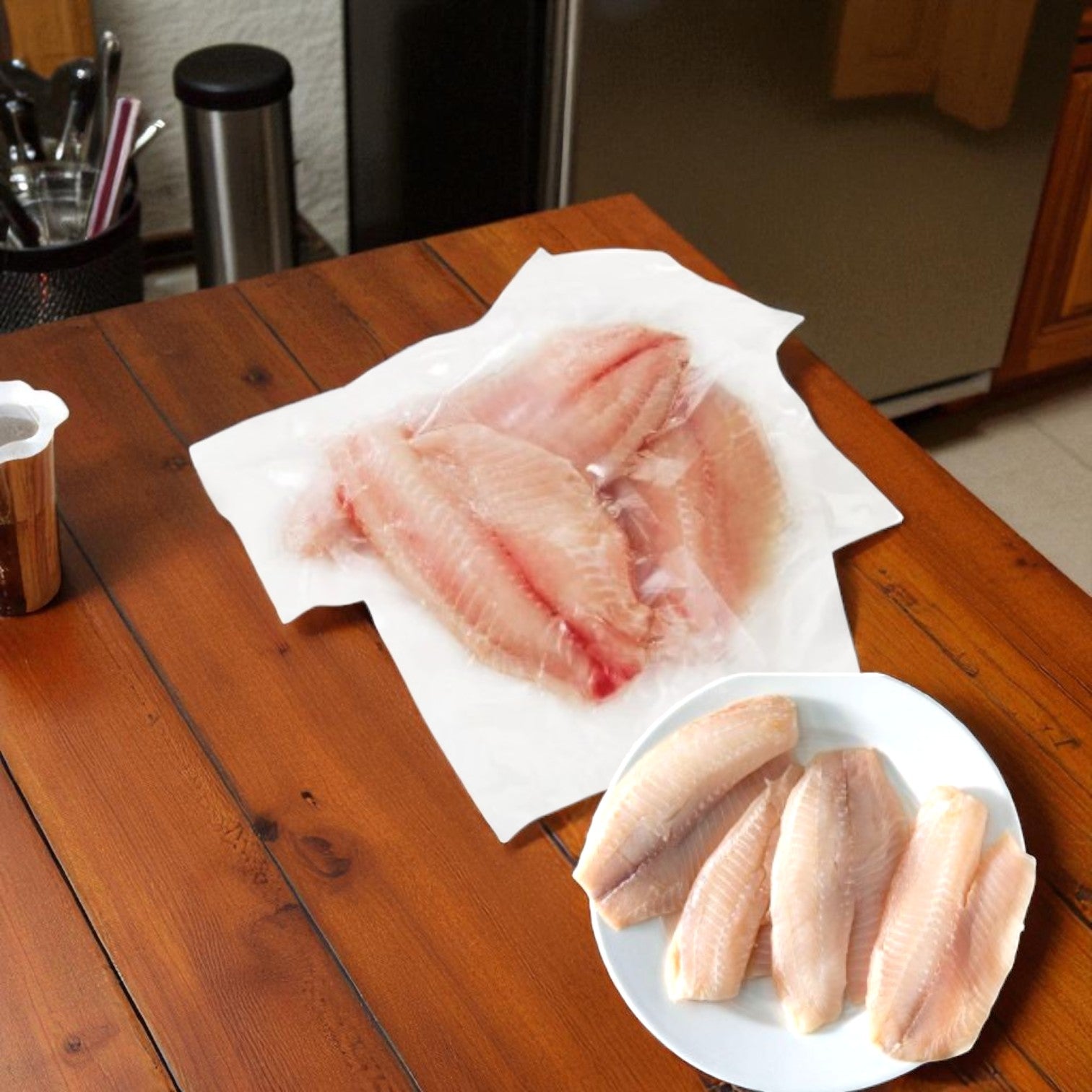 A vacuum-sealed pack of Easy Lunches Aqua Star Farmed Tilapia Fillets (5-7 oz portions, 10 lbs per case) sits on a wooden table next to a white plate with several more raw tilapia fillets.