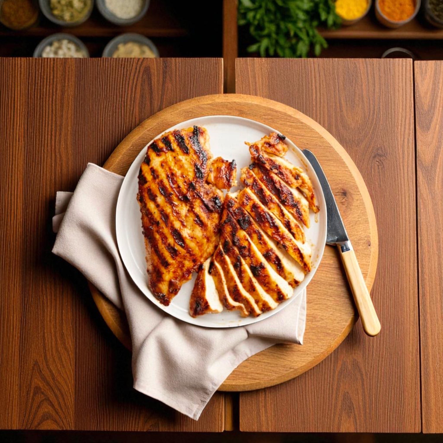 Crescent Foods Halal Hand-Cut Young Whole Chicken, served grilled, half sliced and half whole on a white plate with a knife and beige napkin on a wooden table. Contains 2 whole chickens (3 lbs each), no giblets.