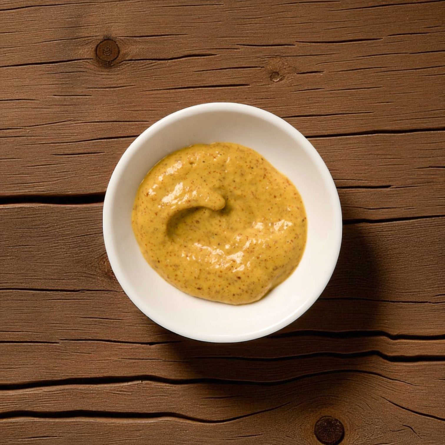 A small white bowl of Easy Lunches Vienna Dusseldorf Mustard from a 1-gallon jar sits on a wooden surface with visible grain.