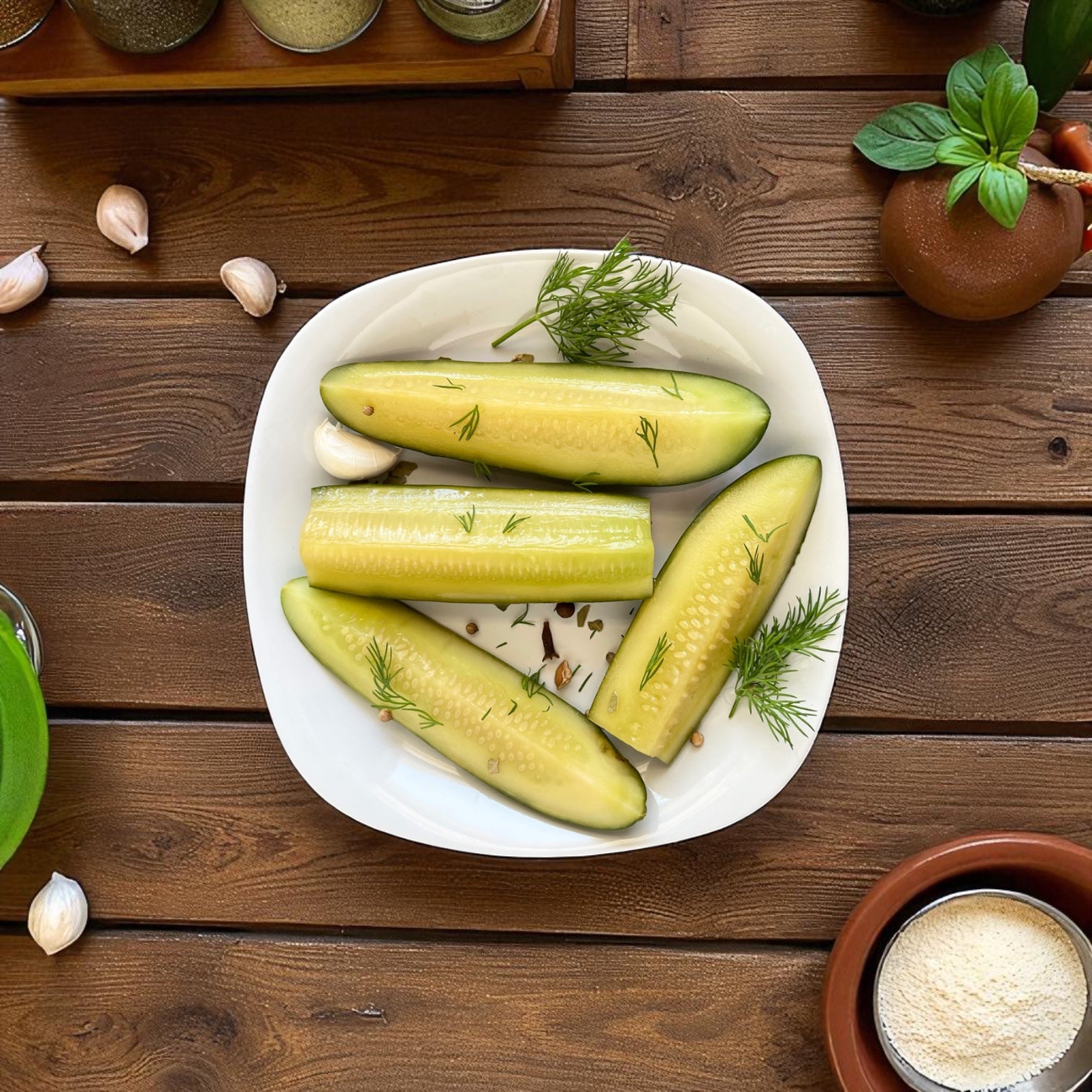 A wooden table displays Vienna Beef Chipico Kosher Spears from a 2-gallon jar, sliced and garnished with dill, accompanied by garlic, spices, herbs, and classic green relish.
