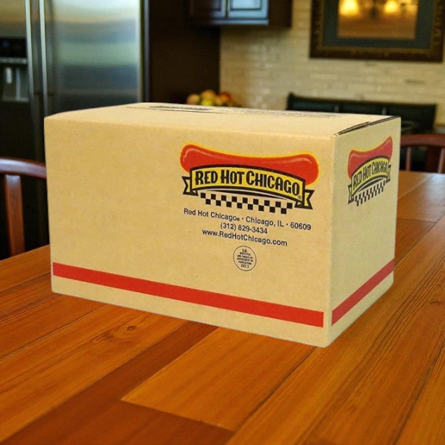 A 10-pound case of Red Hot Chicago Beef Polish Sausage (6" links, 6 per pack) sits on a table, ideal for foodservice or anyone craving authentic sausage at home.