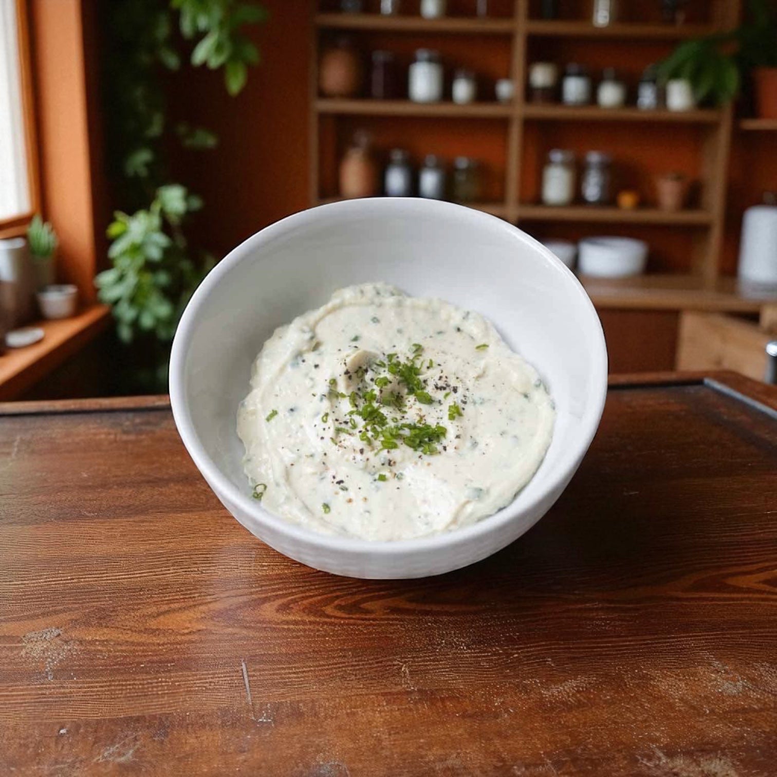 A white bowl of creamy dip, garnished with chopped herbs and a touch of Vienna Beef Horse Radish Mustard, sits on a wooden table in a kitchen with shelves and plants in the background.