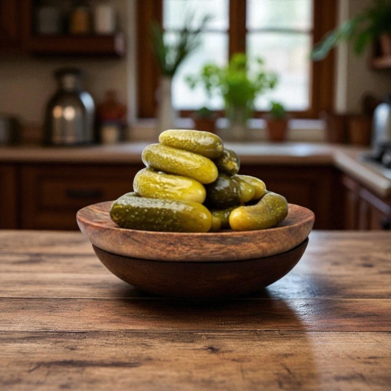 A wooden bowl holds Vienna Beef Chipico Kosher Wholes from a 2-gallon container, resting on a kitchen counter with shelves and a window softly blurred in the background.