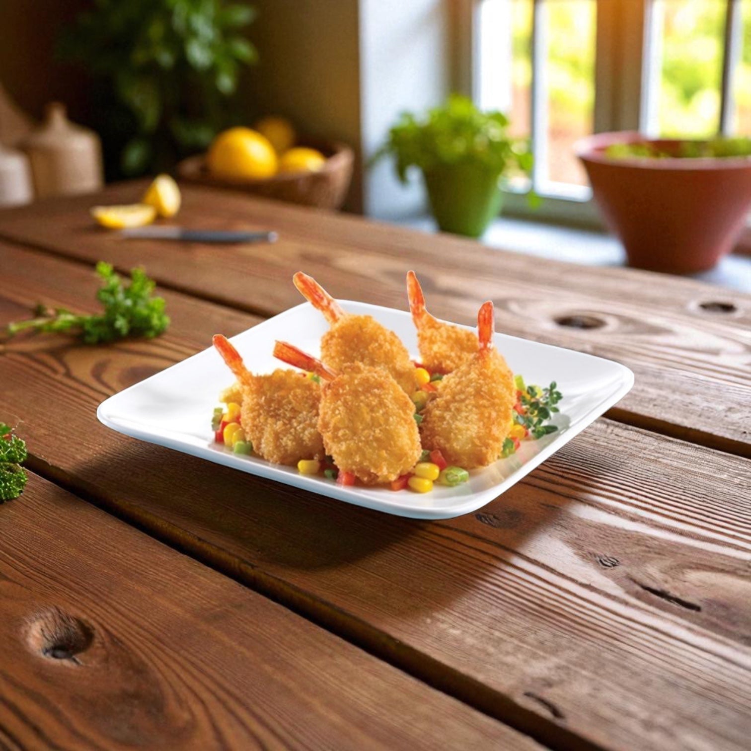 A Sysco Shrimp Breaded Butterfly Clean Tail 3 lb - 4 Count dish is served on a white square plate over a vegetable medley, set on a wooden table by the window with plants and fruit in the background.