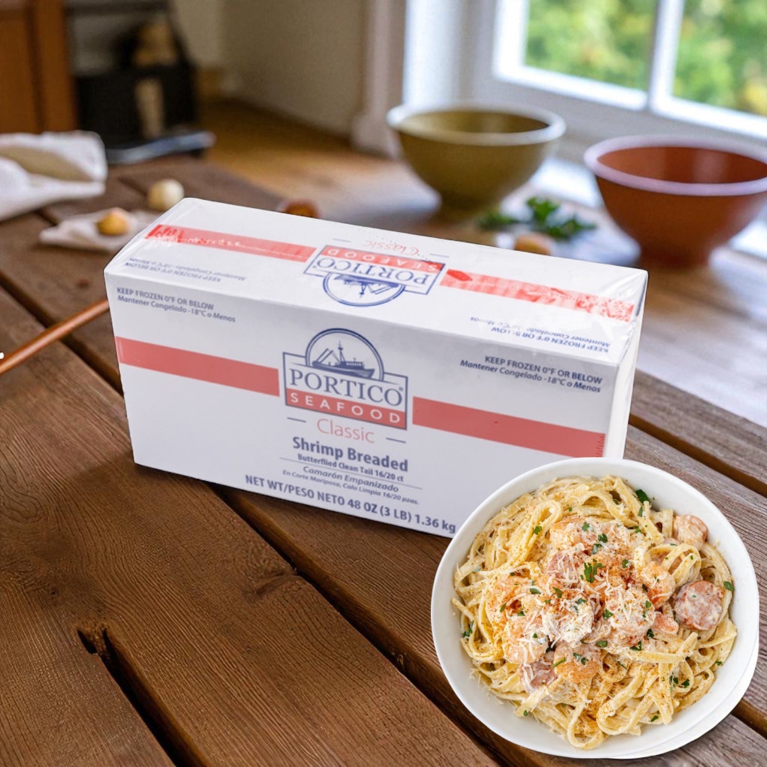 A case of Sysco Shrimp White Peeled And Deveined Tail-on (2.5 lb, 4 bags) sits on a wooden table next to a plate of creamy shrimp pasta; kitchen bowls are visible in the background.