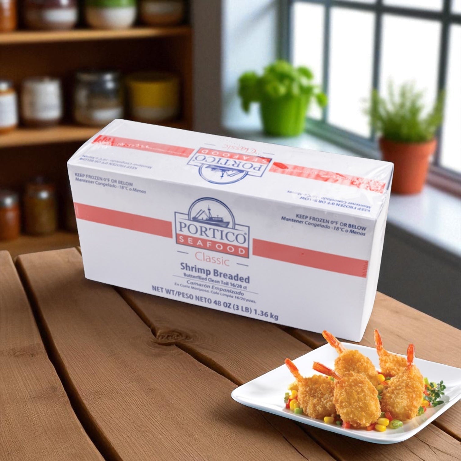 A box of Sysco Shrimp Breaded Butterfly Clean Tail 3 lb (4 Count) sits on a kitchen counter, with a plate of cooked breaded shrimp in front.
