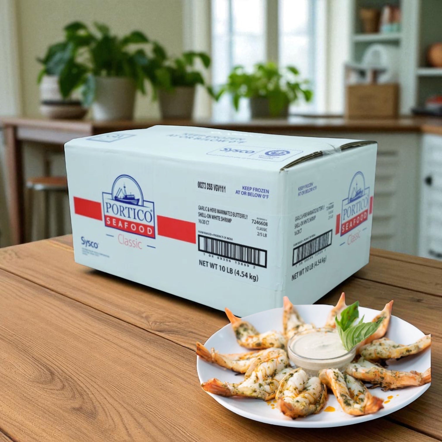 A box labeled "Sysco Shrimp White Bfly Garlic and Herb 16/20 5 lb Case - 2 Count" sits on a kitchen table next to a plate of ready-to-cook stuffed shrimp with garlic and herb dipping sauce.