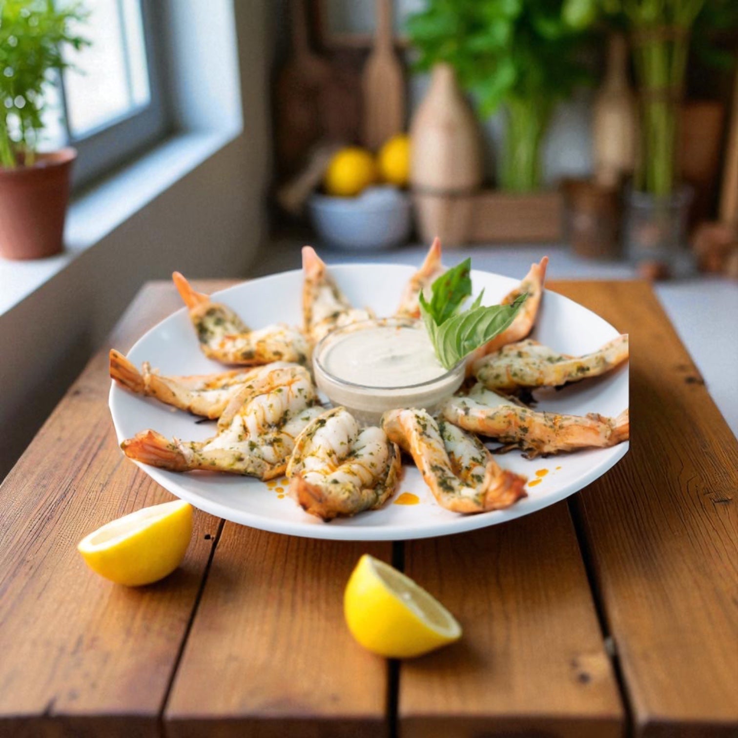 Sysco Shrimp White Bfly Garlic and Herb 16/20, 5 lb case (2 count), ready for cooking—perfectly seasoned shrimp arranged with dipping sauce and garnished with basil and lemon wedges for an easy, delicious meal.