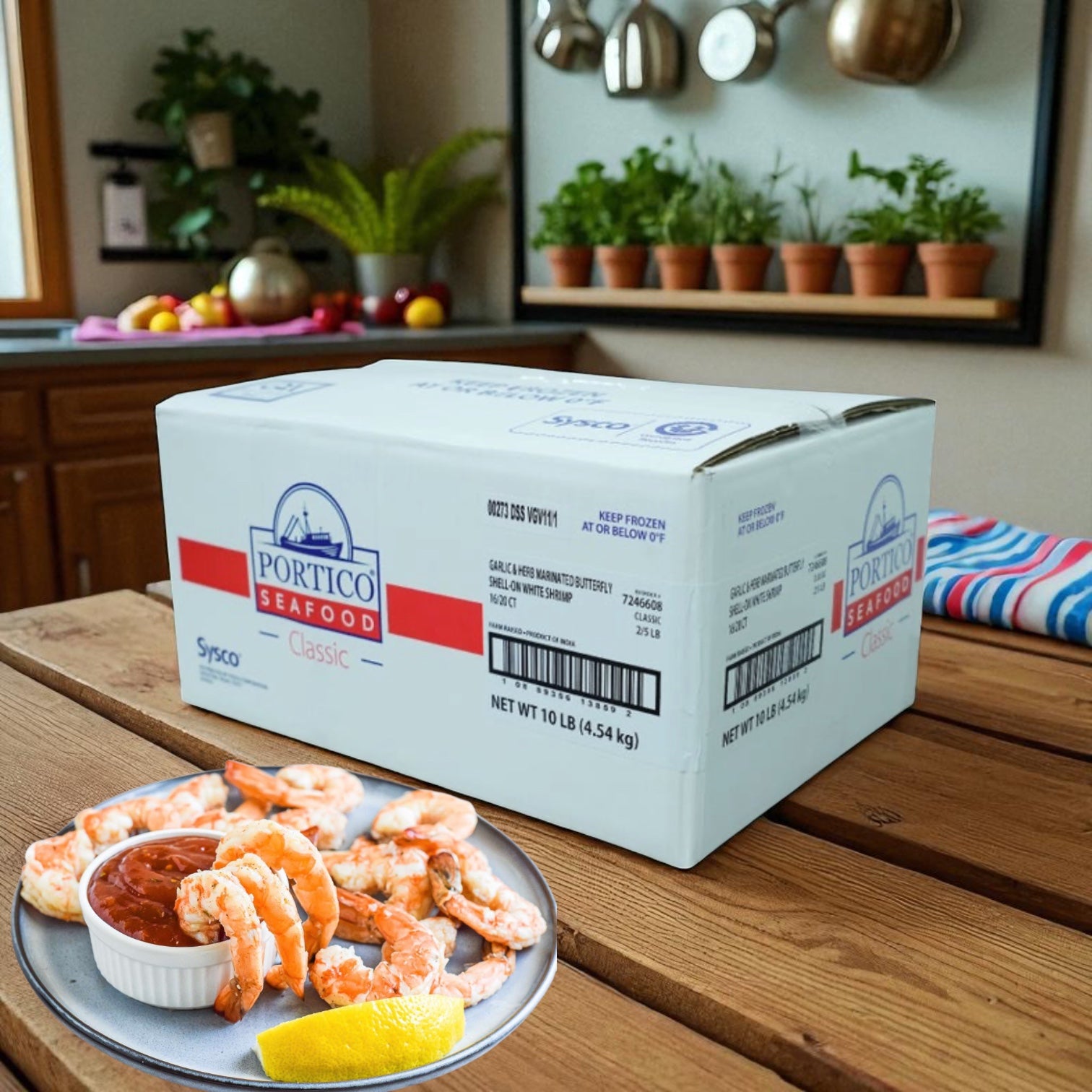 A Sysco box labeled "Shrimp White Peeled And Deveined Tail-on Cooked 2.5 lb Case - 4 Bags" rests on a kitchen counter, with a plate of cooked shrimp, cocktail sauce, and a lemon wedge arranged in the foreground.